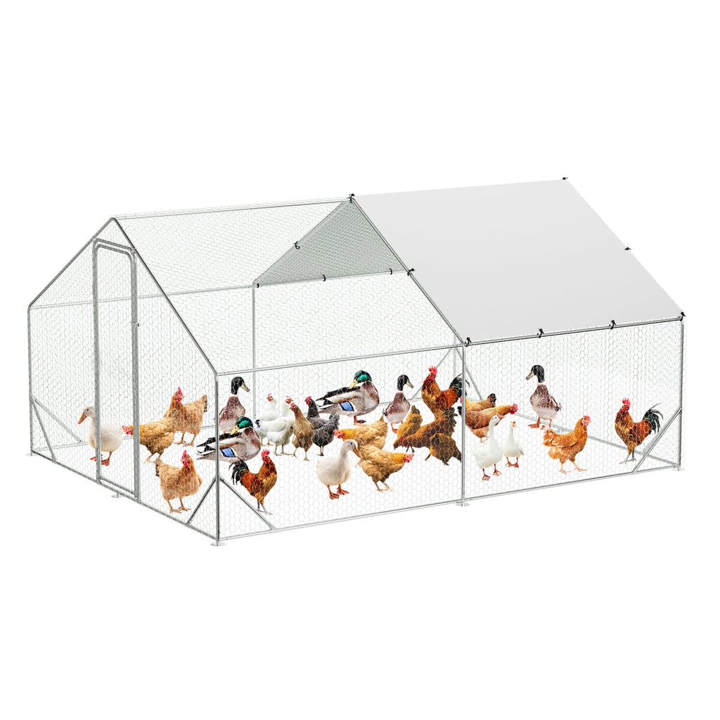 Garvee Large Metal Chicken Coop with Run 9.8' W x 13.1' D x 6.6' H - Galvanized Steel Walk-In Poultry Cage, Spire Roof, Waterproof UV-Resistant Cover, Outdoor Hen House for Backyard,
