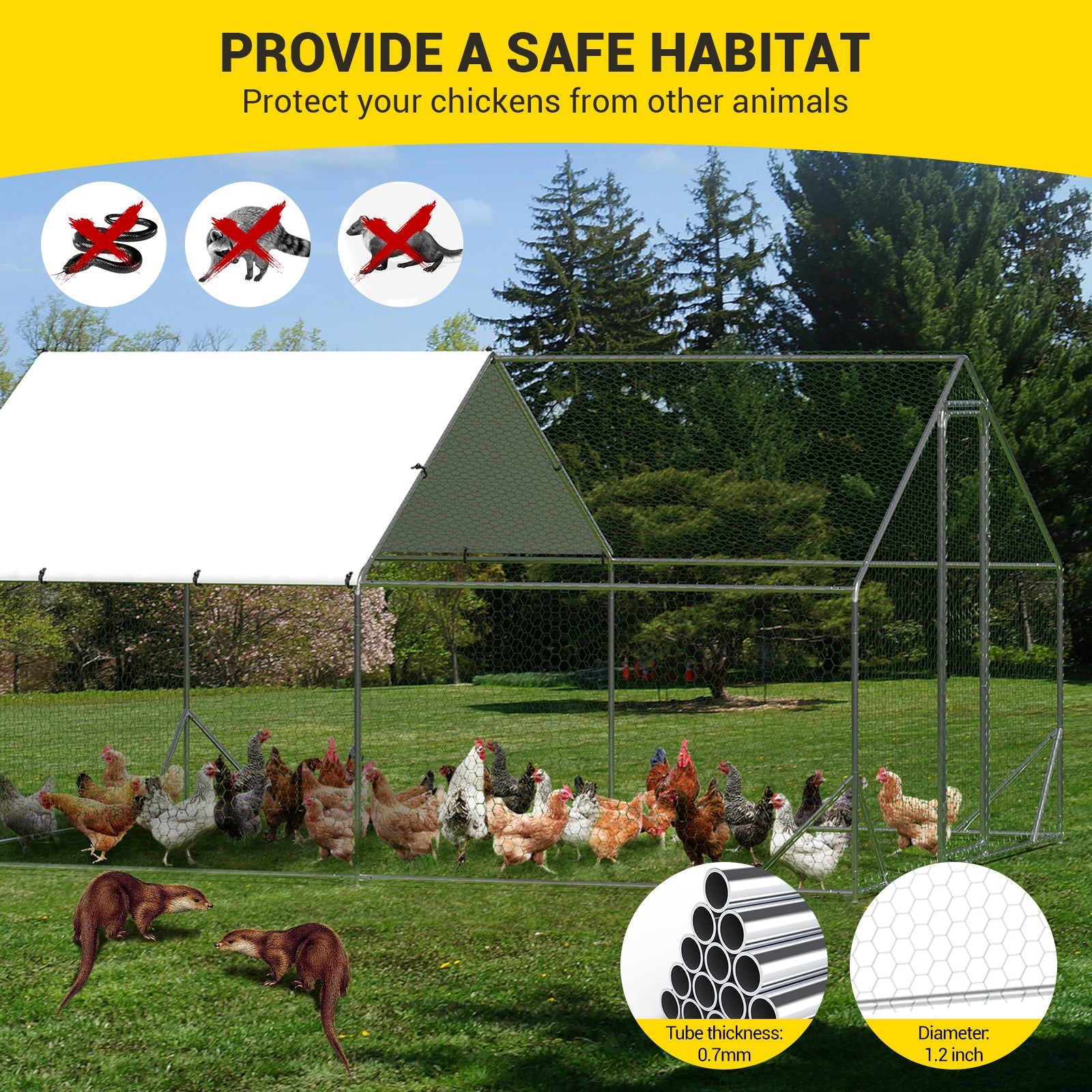 Garvee Large Metal Chicken Coop with Run 9.8' W x 13.1' D x 6.6' H - Galvanized Steel Walk-In Poultry Cage, Spire Roof, Waterproof UV-Resistant Cover, Outdoor Hen House for Backyard,