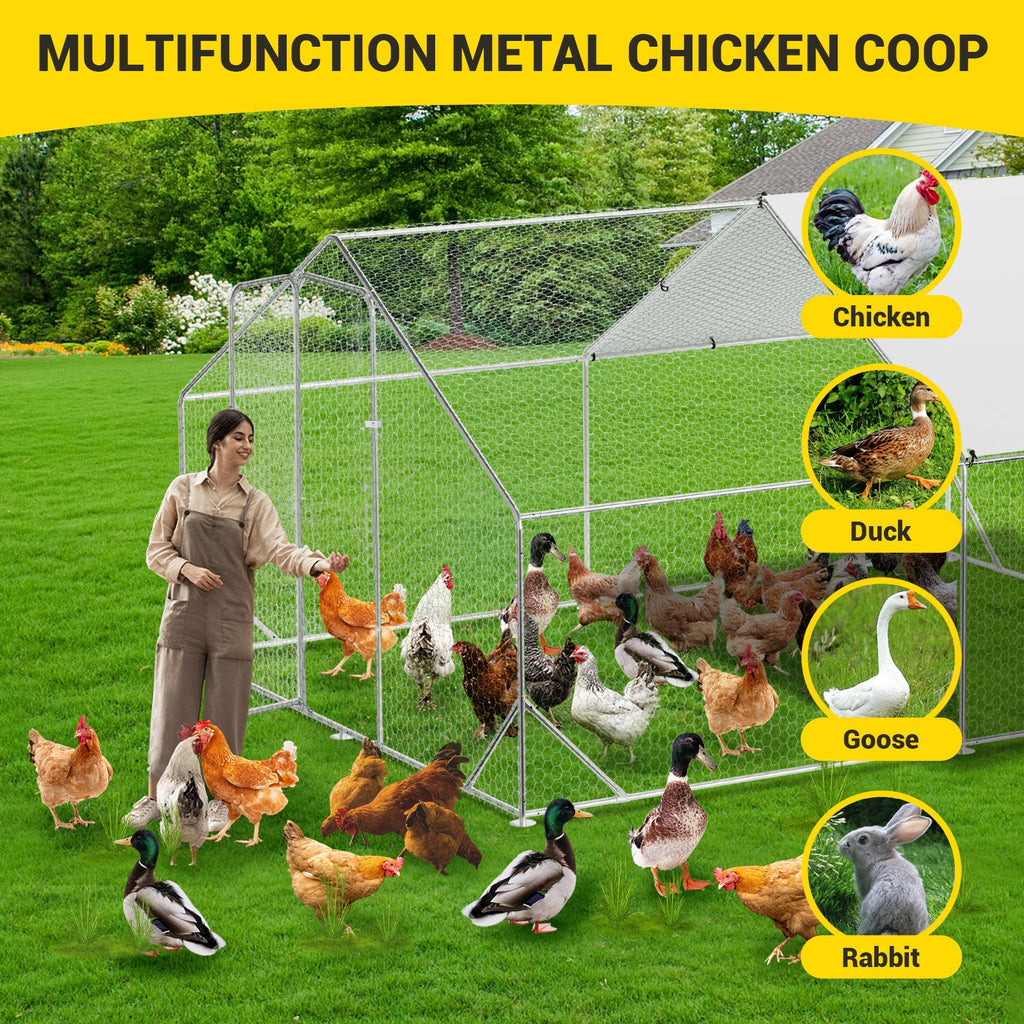 Garvee Large Metal Chicken Coop with Run 9.8' W x 13.1' D x 6.6' H - Galvanized Steel Walk-In Poultry Cage, Spire Roof, Waterproof UV-Resistant Cover, Outdoor Hen House for Backyard,