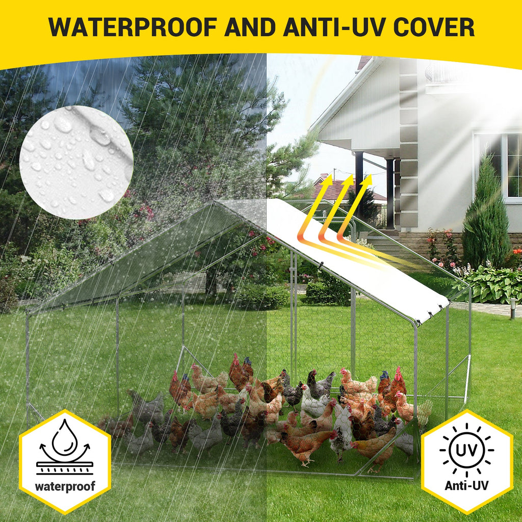 Garvee Large Metal Chicken Coop with Run 9.8' W x 13.1' D x 6.6' H - Galvanized Steel Walk-In Poultry Cage, Spire Roof, Waterproof UV-Resistant Cover, Outdoor Hen House for Backyard,