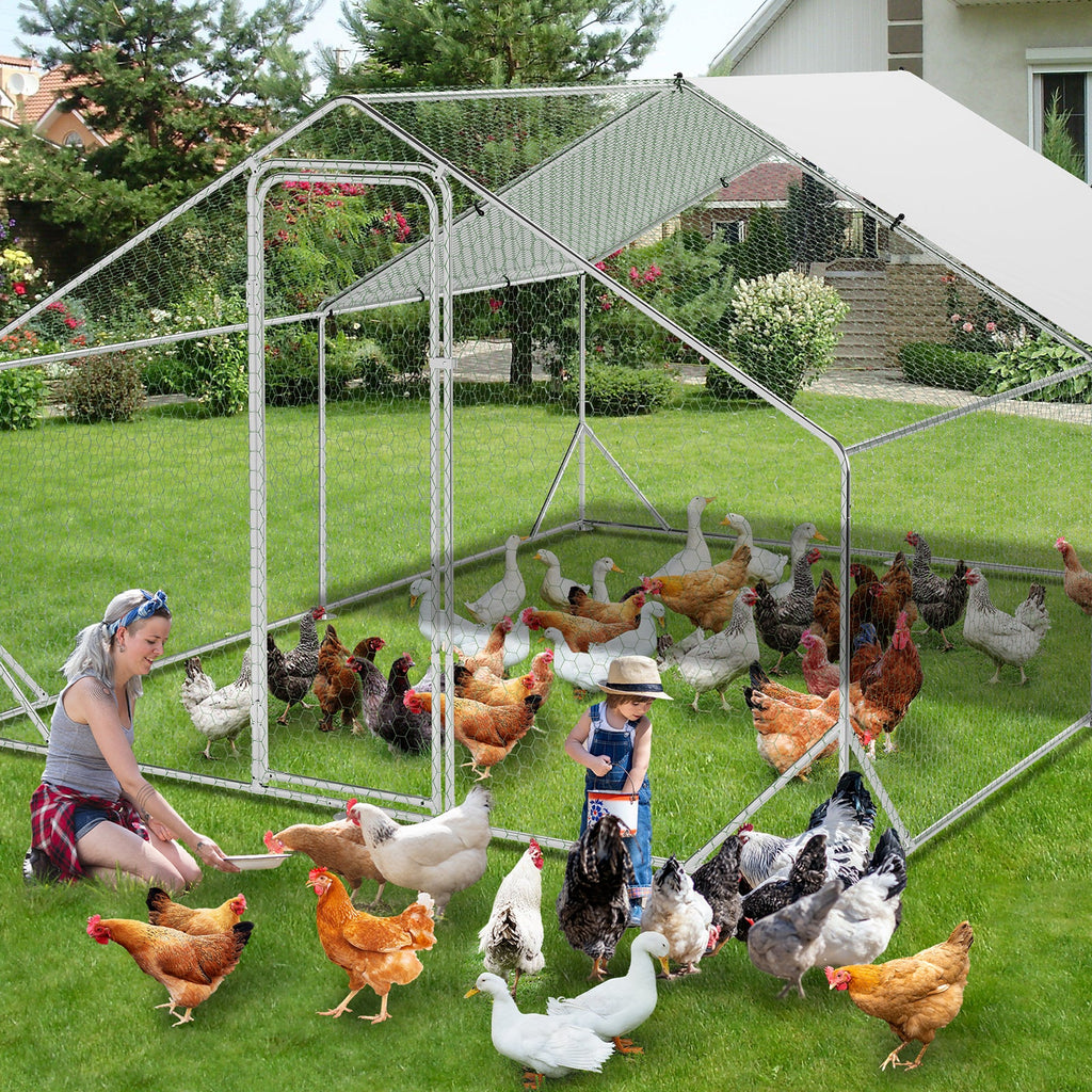 Garvee Large Metal Chicken Coop with Run 9.8' W x 13.1' D x 6.6' H - Galvanized Steel Walk-In Poultry Cage, Spire Roof, Waterproof UV-Resistant Cover, Outdoor Hen House for Backyard,