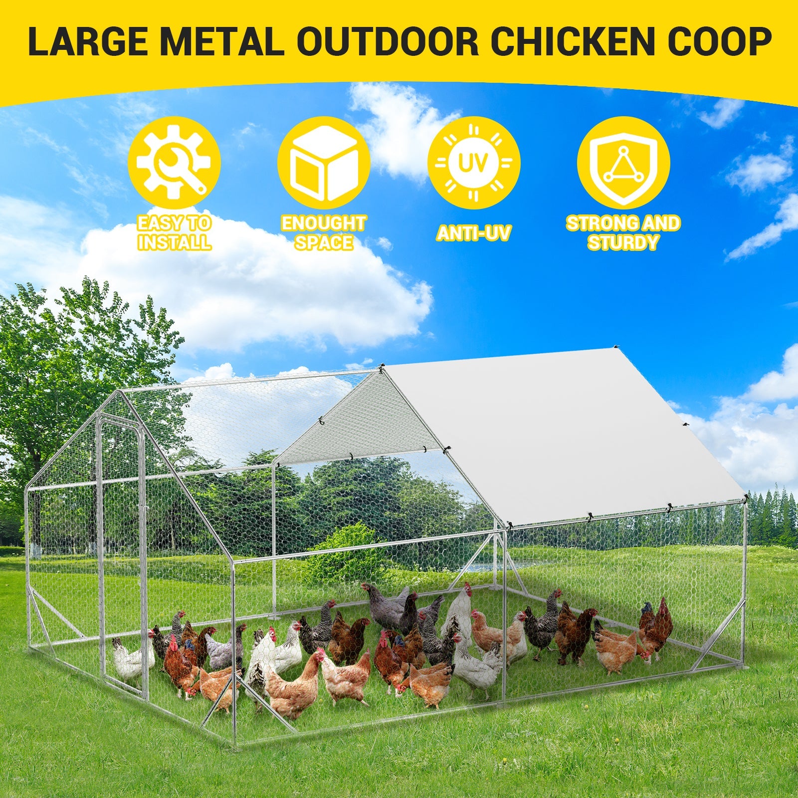 Garvee Large Metal Chicken Coop with Run 9.8' W x 13.1' D x 6.6' H - Galvanized Steel Walk-In Poultry Cage, Spire Roof, Waterproof UV-Resistant Cover, Outdoor Hen House for Backyard,