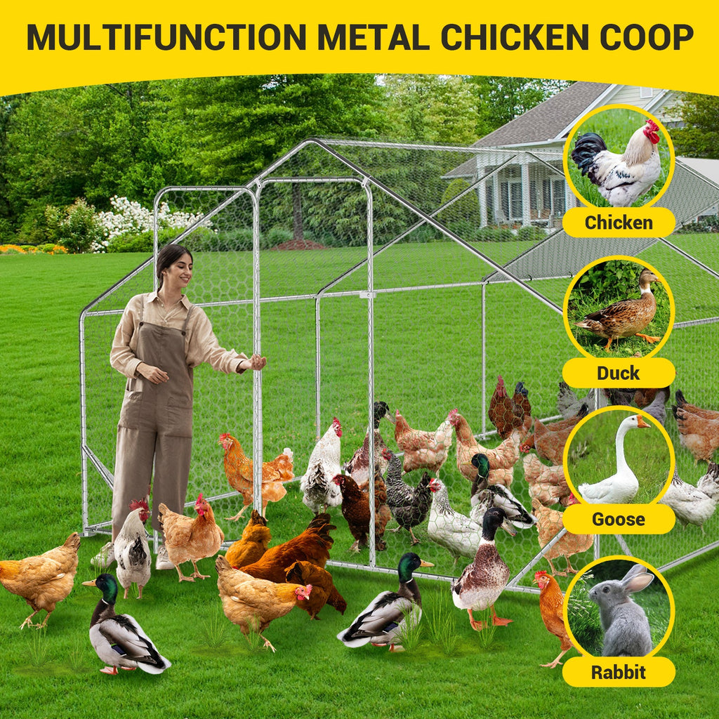 Garvee Large Metal Chicken Coop with Spire Roof 9.8' W x 19.7' L x 6.6' H - Galvanized Walk-In Poultry Cage, Waterproof UV-Resistant Cover, Secure Outdoor Hen House for Backyard, Farm,