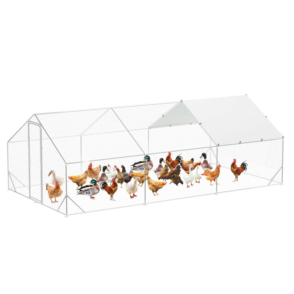 Garvee Large Metal Chicken Coop with Spire Roof 9.8' W x 19.7' L x 6.6' H - Galvanized Walk-In Poultry Cage, Waterproof UV-Resistant Cover, Secure Outdoor Hen House for Backyard, Farm,