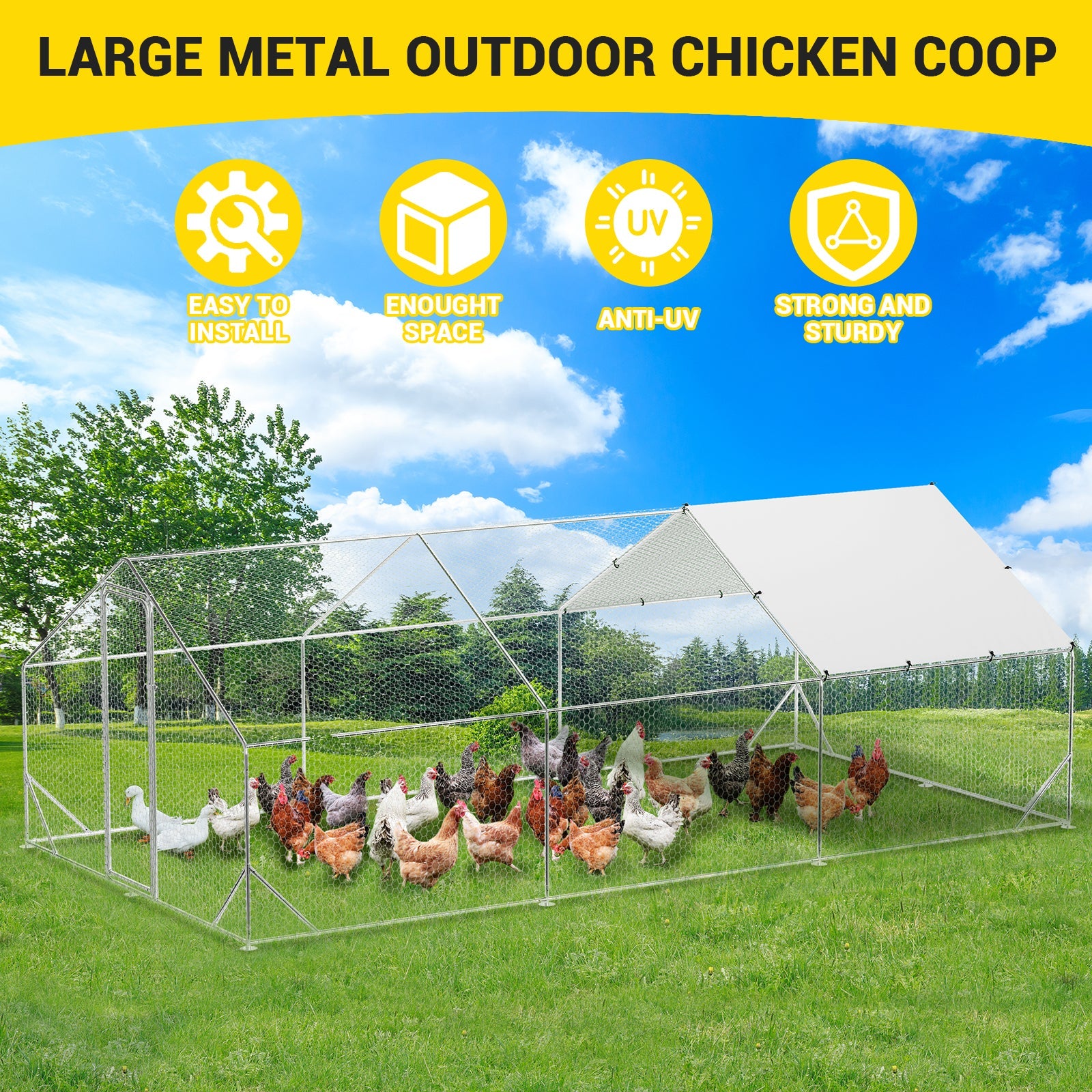 Garvee Large Metal Chicken Coop with Spire Roof 9.8' W x 19.7' L x 6.6' H - Galvanized Walk-In Poultry Cage, Waterproof UV-Resistant Cover, Secure Outdoor Hen House for Backyard, Farm,