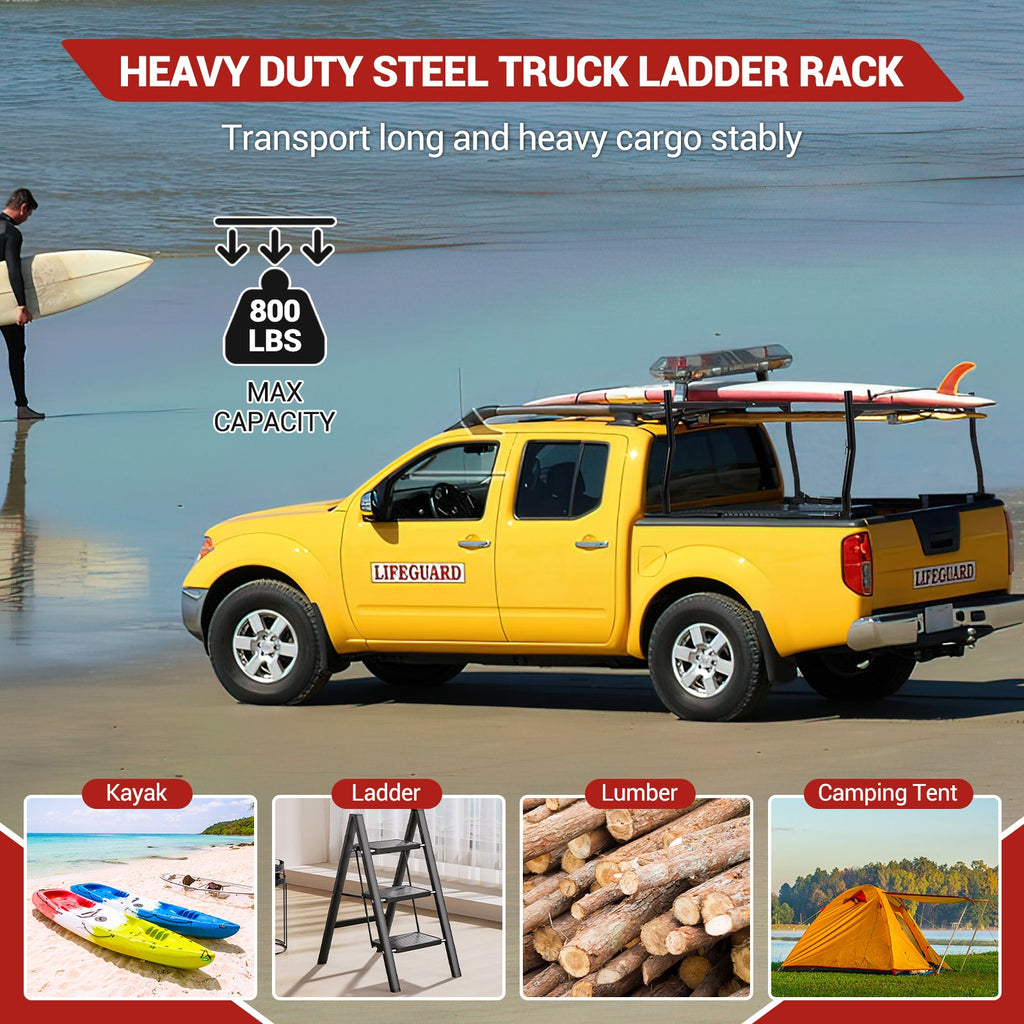 Garvee Pickup Truck Ladder Rack | 46" - 71" Adjustable Width | 800 LB. Load Capacity | Non-Drilling Steel Truck Rack | Heavy Duty Truck Bed Ladder Rack for Kayak, Surfboard, Lumber (2 Pack)