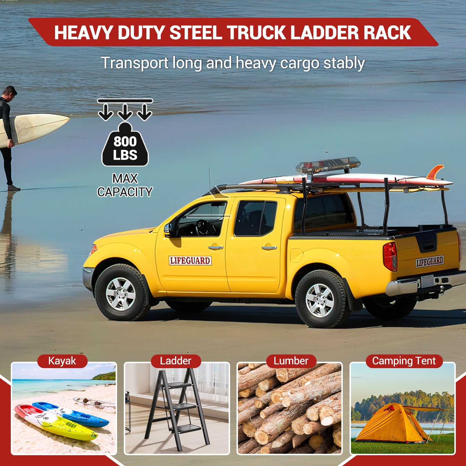 Garvee Pickup Truck Ladder Rack | 46" - 71" Adjustable Width | 800 LB. Load Capacity | Non-Drilling Steel Truck Rack | Heavy Duty Truck Bed Ladder Rack for Kayak, Surfboard, Lumber (2 Pack)