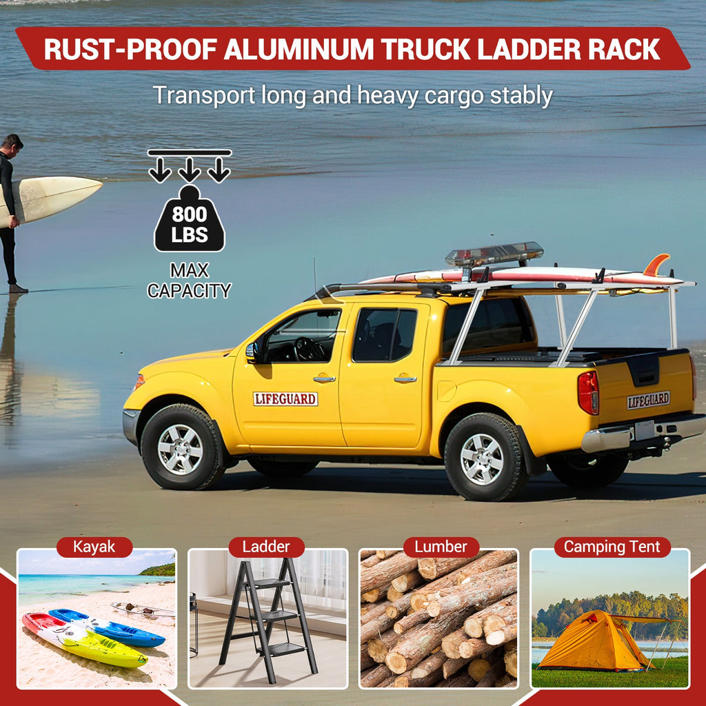 Garvee Dual-Rod Truck Ladder Rack, 17-29 Inches Adjustable Width, 800 Lbs Load Capacity, Adjustable Height Ladder Rack for Truck, Sturdy & Durable with Waterproof Coating, Easy to Install