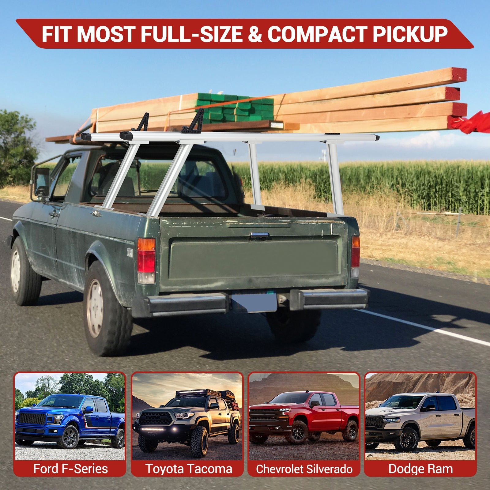 Garvee Dual-Rod Truck Ladder Rack, 17-29 Inches Adjustable Width, 800 Lbs Load Capacity, Adjustable Height Ladder Rack for Truck, Sturdy & Durable with Waterproof Coating, Easy to Install