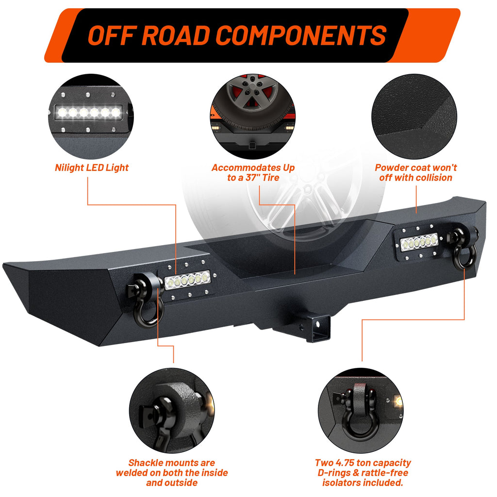 Garvee Rear Bumper Compatible With Wrangler JL, Rock Crawler Rear Bumper Cover With Hitch Receiver & 2X LED Lights, Off Road, Black