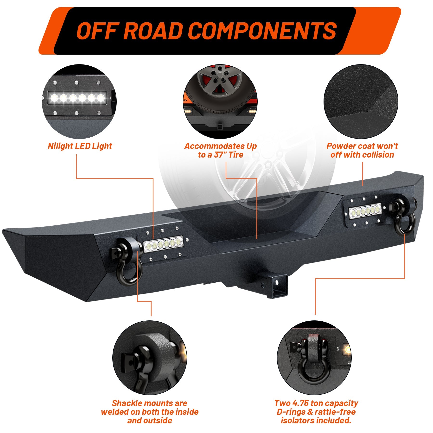 Garvee Rear Bumper Compatible With Wrangler JL, Rock Crawler Rear Bumper Cover With Hitch Receiver & 2X LED Lights, Off Road, Black