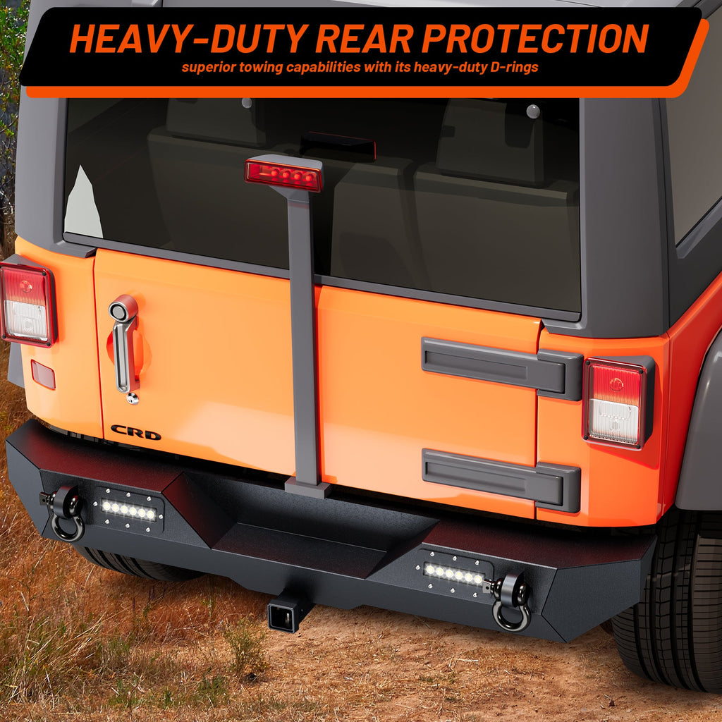 Garvee Rear Bumper Compatible With Wrangler JL, Rock Crawler Rear Bumper Cover With Hitch Receiver & 2X LED Lights, Off Road, Black