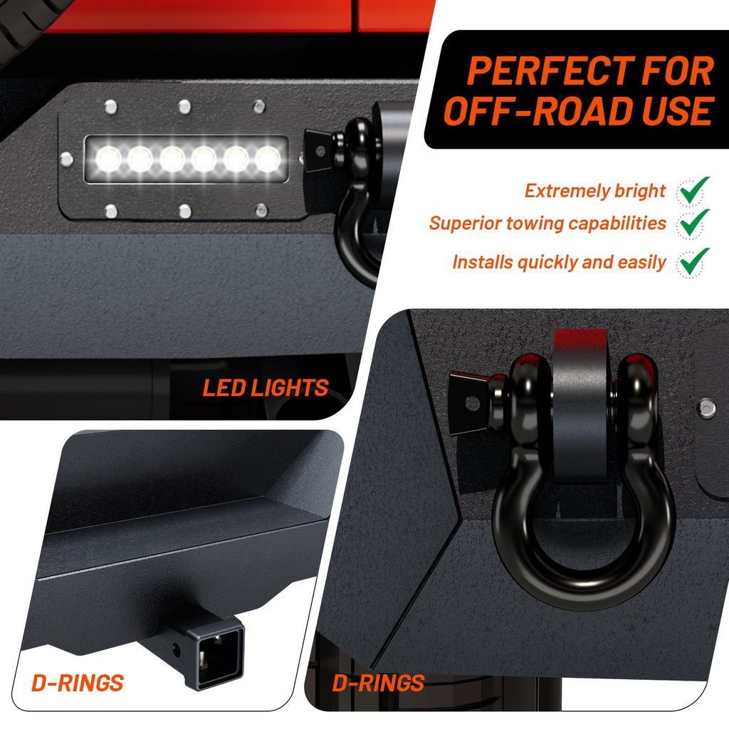 Garvee Rear Bumper Compatible With Wrangler JL, Rock Crawler Rear Bumper Cover With Hitch Receiver & 2X LED Lights, Off Road, Black
