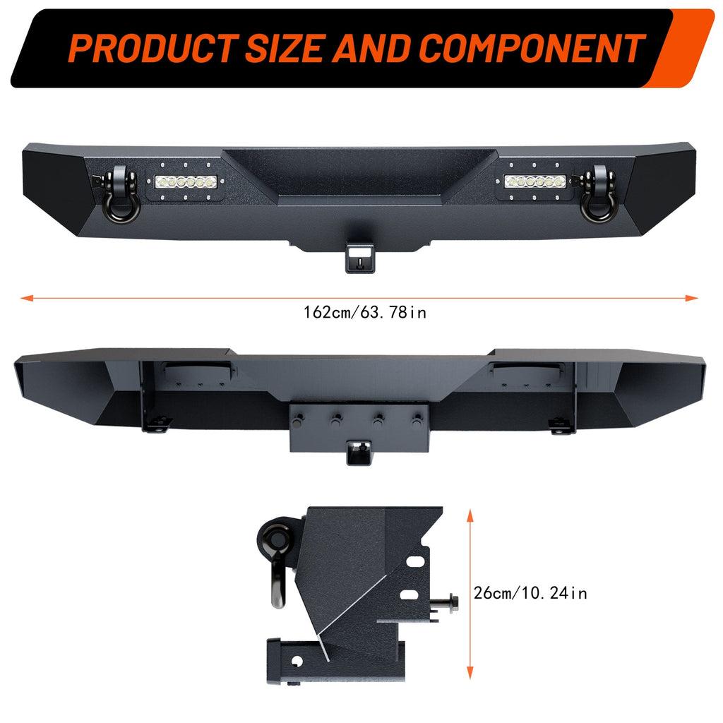 Garvee Rear Bumper Compatible With Wrangler JL, Rock Crawler Rear Bumper Cover With Hitch Receiver & 2X LED Lights, Off Road, Black