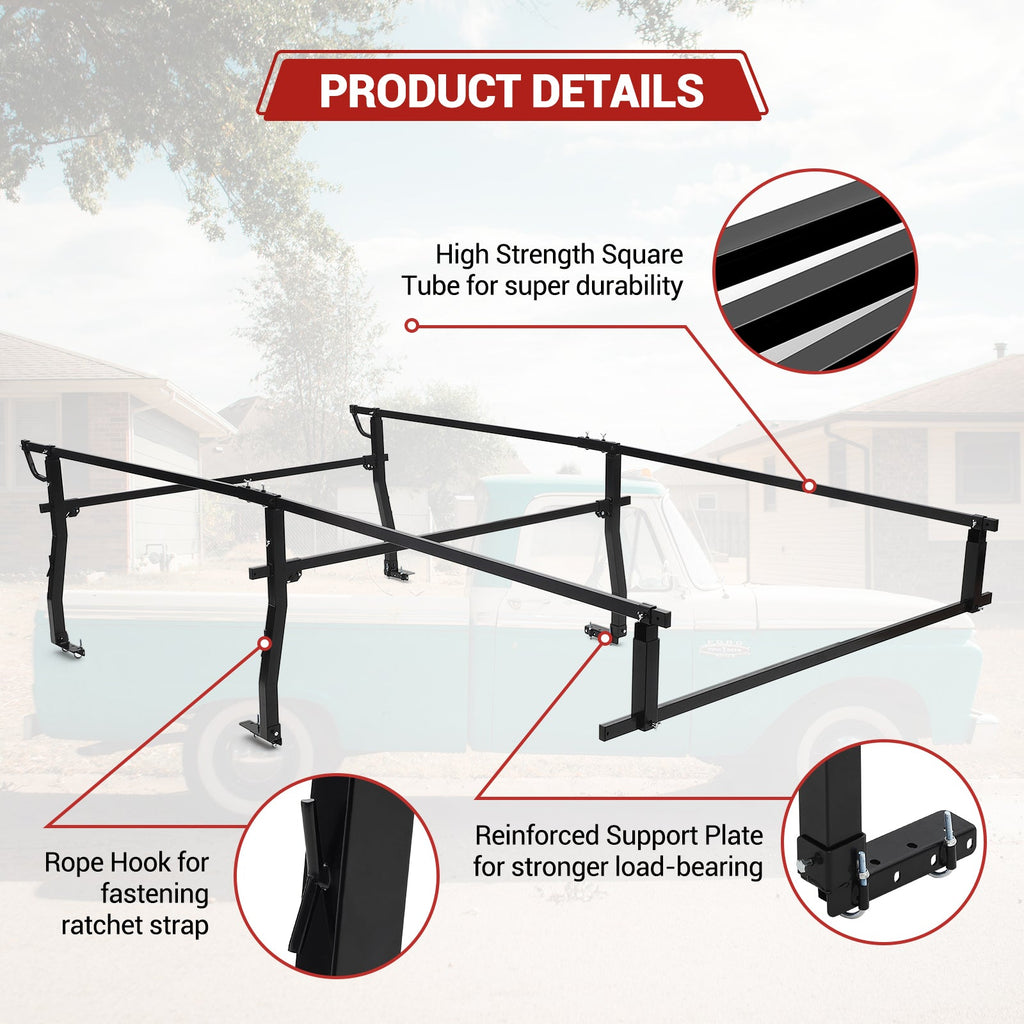 Garvee Pickup Truck Bed Rack | 45" - 66" Adjustable Width | 1000 LB. Load Capacity | Non-Drilling Full Size Steel Truck Ladder Rack | Heavy Duty Truck Bed Ladder Rack for Kayak, Surfboard, Tent