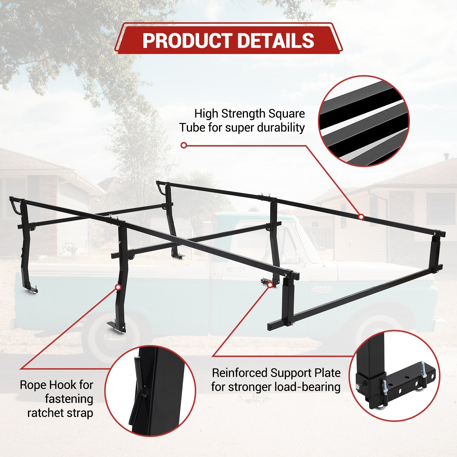 Garvee Pickup Truck Bed Rack | 45" - 66" Adjustable Width | 1000 LB. Load Capacity | Non-Drilling Full Size Steel Truck Ladder Rack | Heavy Duty Truck Bed Ladder Rack for Kayak, Surfboard, Tent