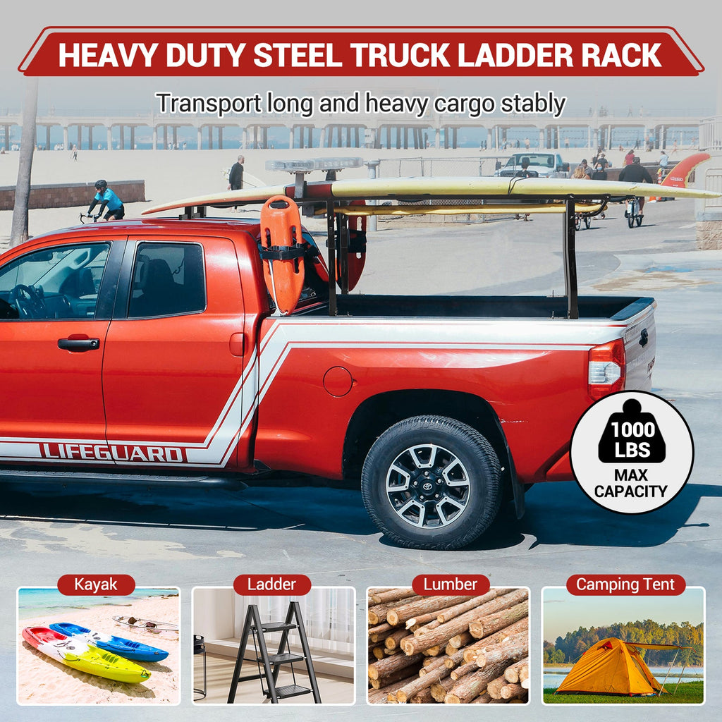 Garvee Pickup Truck Bed Rack | 45" - 66" Adjustable Width | 1000 LB. Load Capacity | Non-Drilling Full Size Steel Truck Ladder Rack | Heavy Duty Truck Bed Ladder Rack for Kayak, Surfboard, Tent
