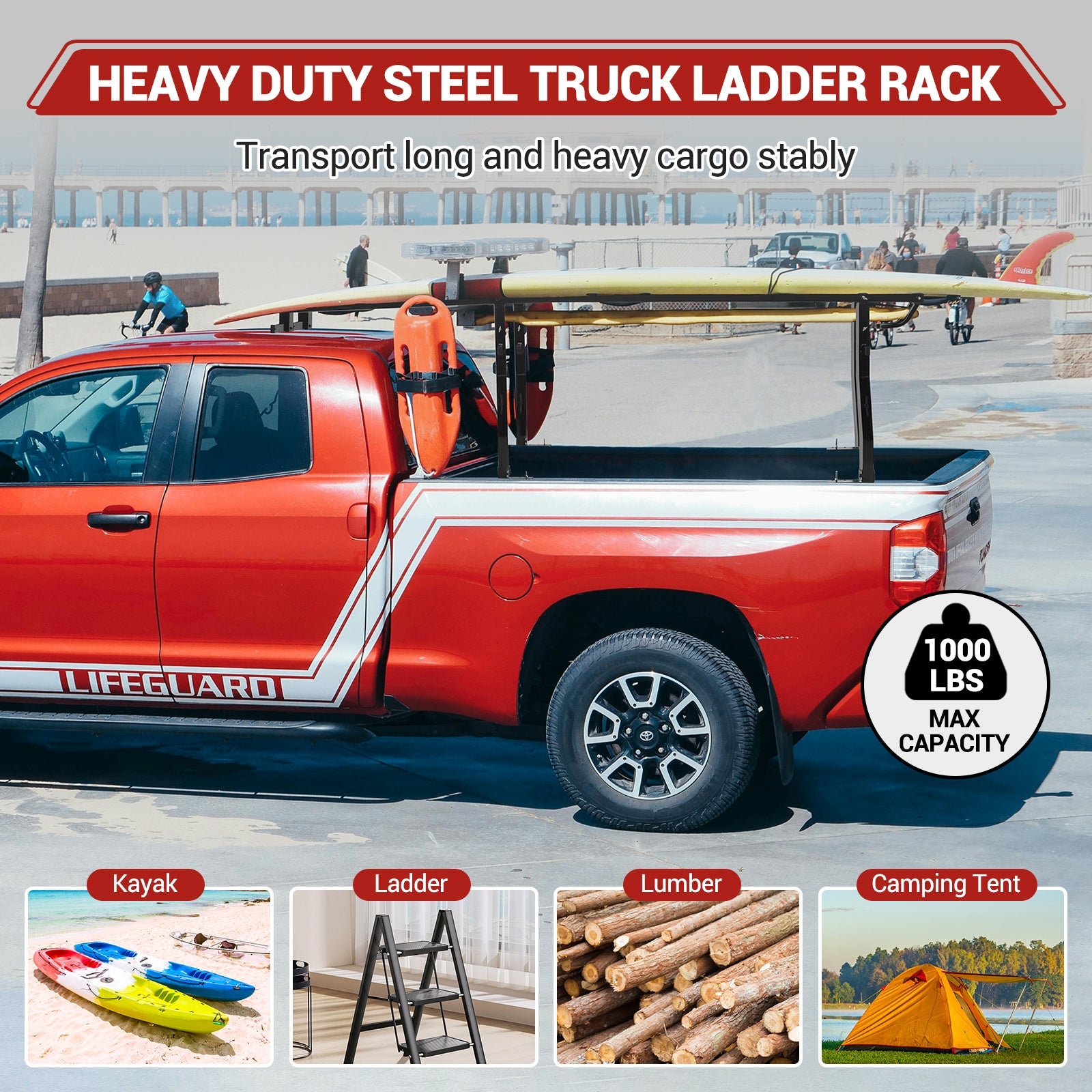 Garvee Pickup Truck Bed Rack | 45" - 66" Adjustable Width | 1000 LB. Load Capacity | Non-Drilling Full Size Steel Truck Ladder Rack | Heavy Duty Truck Bed Ladder Rack for Kayak, Surfboard, Tent
