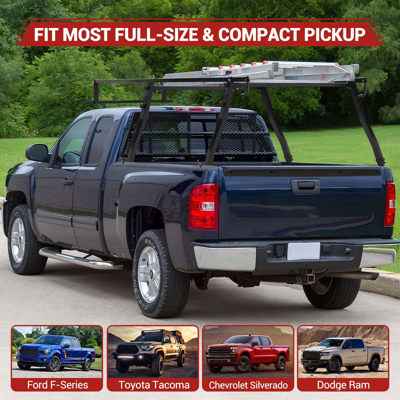 Garvee Pickup Truck Bed Rack | 45" - 66" Adjustable Width | 1000 LB. Load Capacity | Non-Drilling Full Size Steel Truck Ladder Rack | Heavy Duty Truck Bed Ladder Rack for Kayak, Surfboard, Tent
