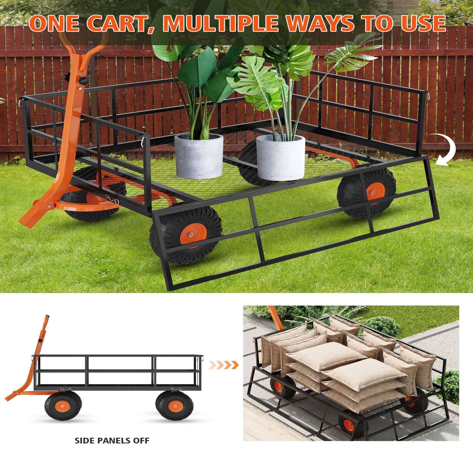 Garvee Steel Garden Cart, Garvee Heavy Duty 1200 Lbs Capacity Utility Metal Wagon, with Removable Mesh Sides to Convert Into Flatbed, 2-In-1 Handle and 13" Tires