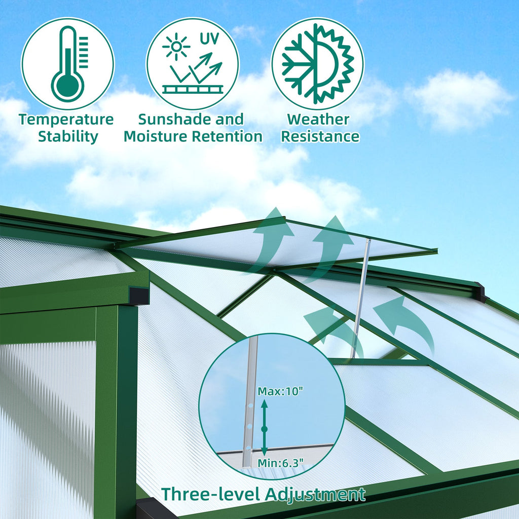 Garvee 6'x10' Walk-in Greenhouse – Vented Roof, Adjustable Vent, Windproof Aluminum Frame, Lockable Door, Green