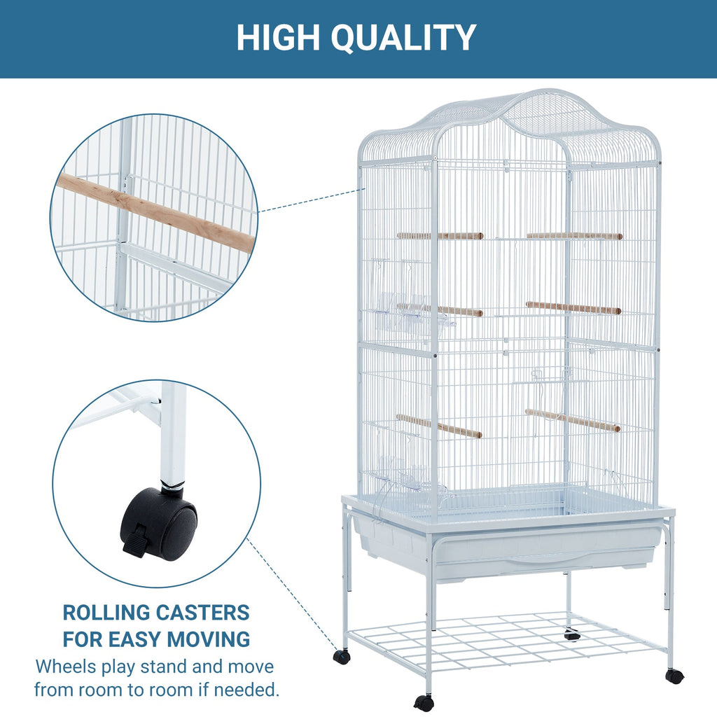 Garvee Bird Cage, Metal Cage Standing Birdcage with Play Top and Rolling Stand, Flight Cage with Side-Out Tray for Parrots Cockatiels Conures Parakeets Lovebirds Budgie Finch, White