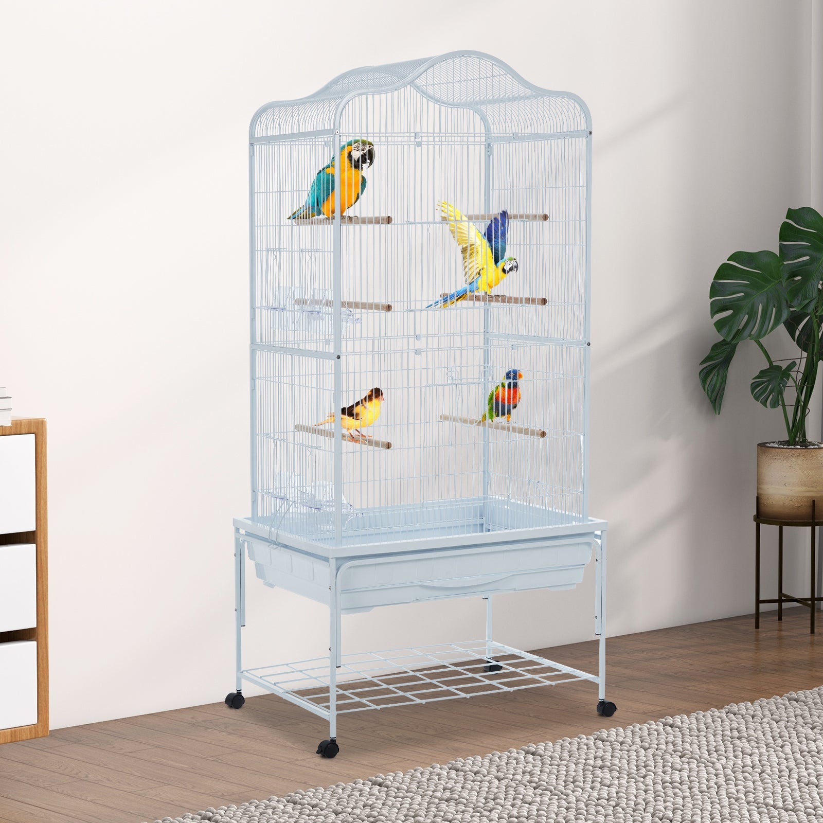 Garvee Bird Cage, Metal Cage Standing Birdcage with Play Top and Rolling Stand, Flight Cage with Side-Out Tray for Parrots Cockatiels Conures Parakeets Lovebirds Budgie Finch, White