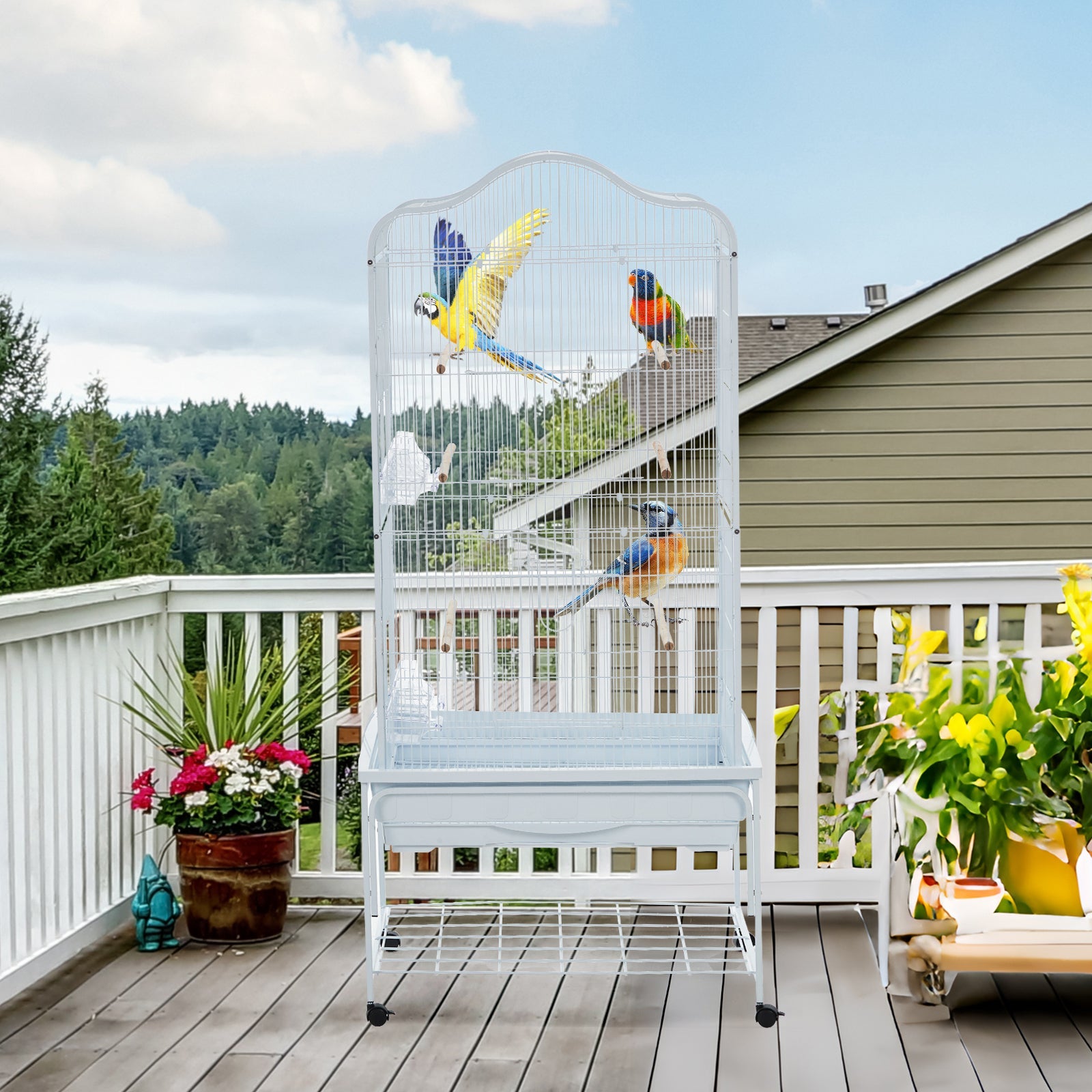 Garvee Bird Cage, Metal Cage Standing Birdcage with Play Top and Rolling Stand, Flight Cage with Side-Out Tray for Parrots Cockatiels Conures Parakeets Lovebirds Budgie Finch, White