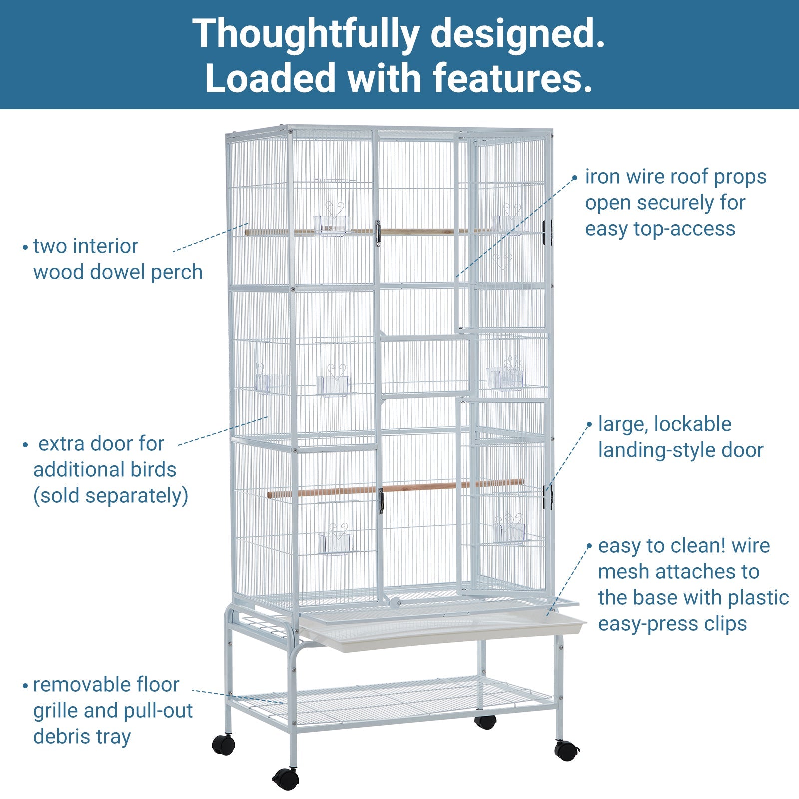Garvee Bird Cage, Metal Cage Standing Birdcage with Play Top and Rolling Stand, Flight Cage with Side-Out Tray for Parrots Cockatiels Conures Parakeets Lovebirds Budgie Finch, White