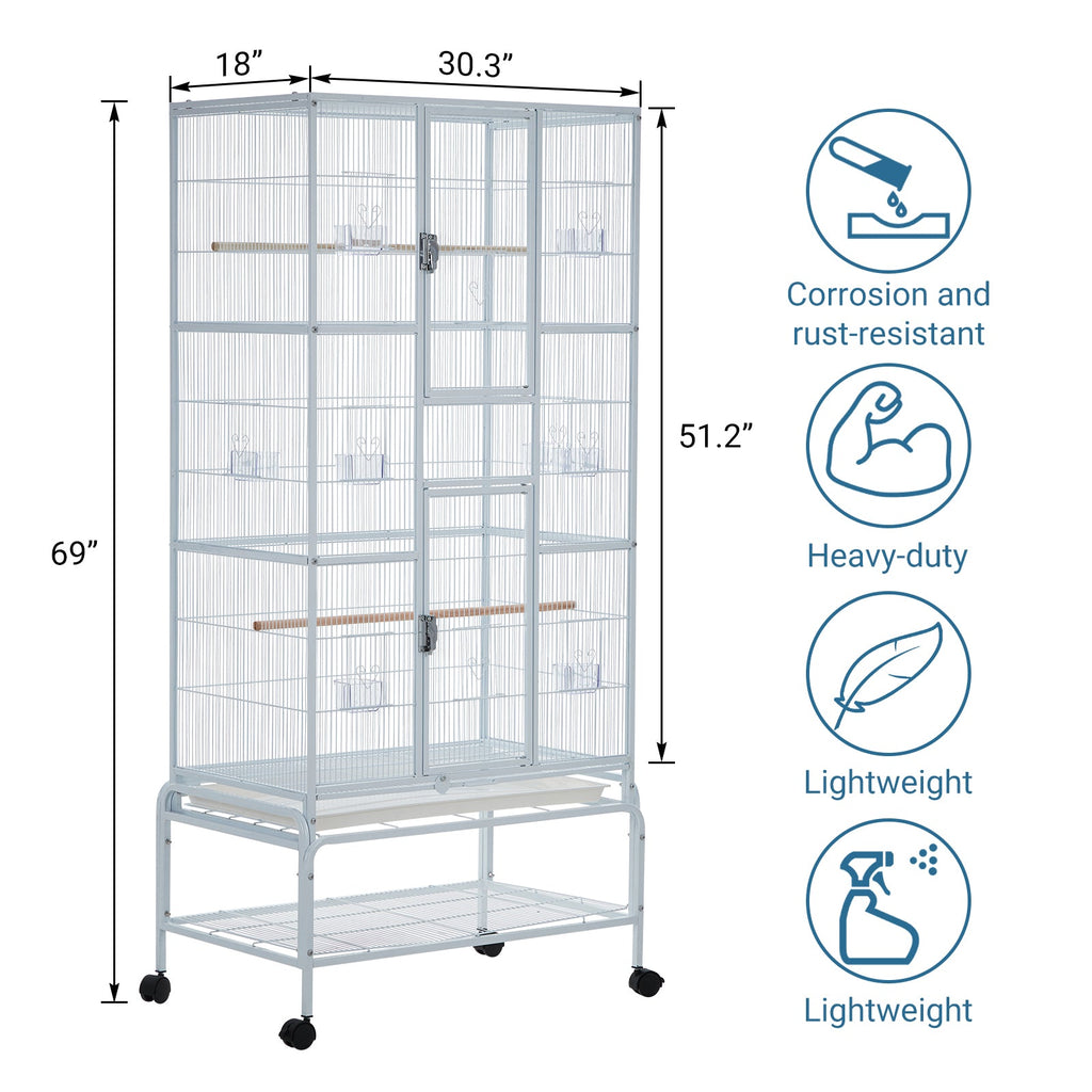Garvee Bird Cage, Metal Cage Standing Birdcage with Play Top and Rolling Stand, Flight Cage with Side-Out Tray for Parrots Cockatiels Conures Parakeets Lovebirds Budgie Finch, White