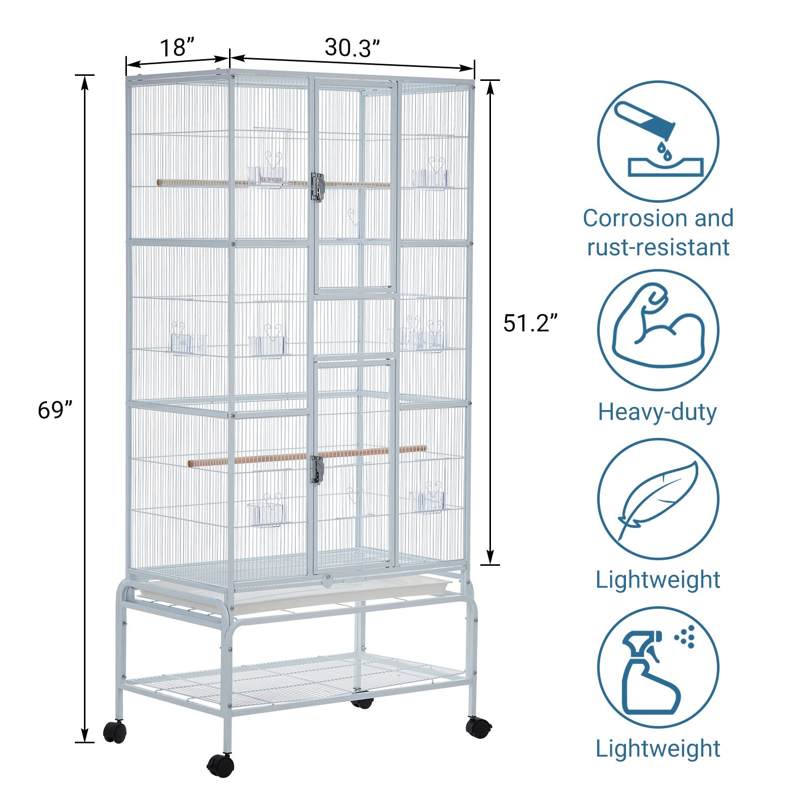 Garvee Bird Cage, Metal Cage Standing Birdcage with Play Top and Rolling Stand, Flight Cage with Side-Out Tray for Parrots Cockatiels Conures Parakeets Lovebirds Budgie Finch, White