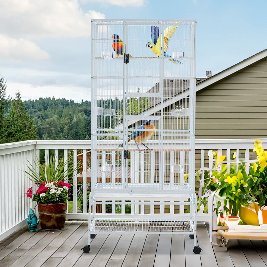 Garvee Bird Cage, Metal Cage Standing Birdcage with Play Top and Rolling Stand, Flight Cage with Side-Out Tray for Parrots Cockatiels Conures Parakeets Lovebirds Budgie Finch, White