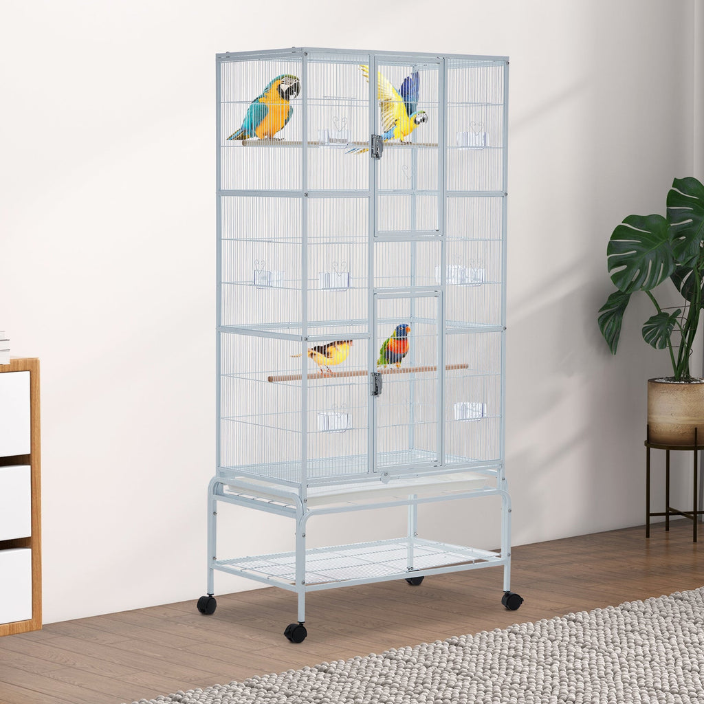 Garvee Bird Cage, Metal Cage Standing Birdcage with Play Top and Rolling Stand, Flight Cage with Side-Out Tray for Parrots Cockatiels Conures Parakeets Lovebirds Budgie Finch, White