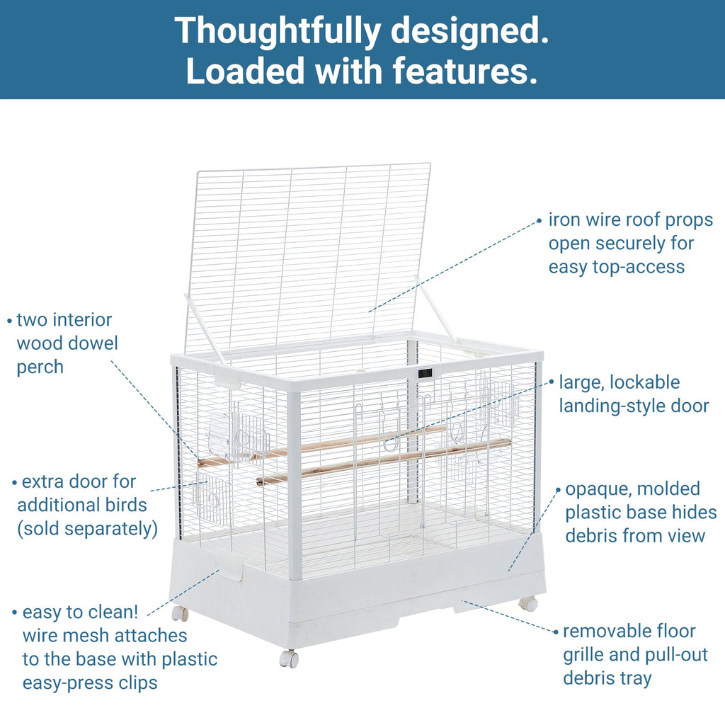Garvee Bird Cage, Metal Cage Standing Birdcage with Play Top, Monitor and Light System, Flight Cage with Side-Out Tray for Parrots Cockatiels Conures Parakeets Lovebirds Budgie Finch, White