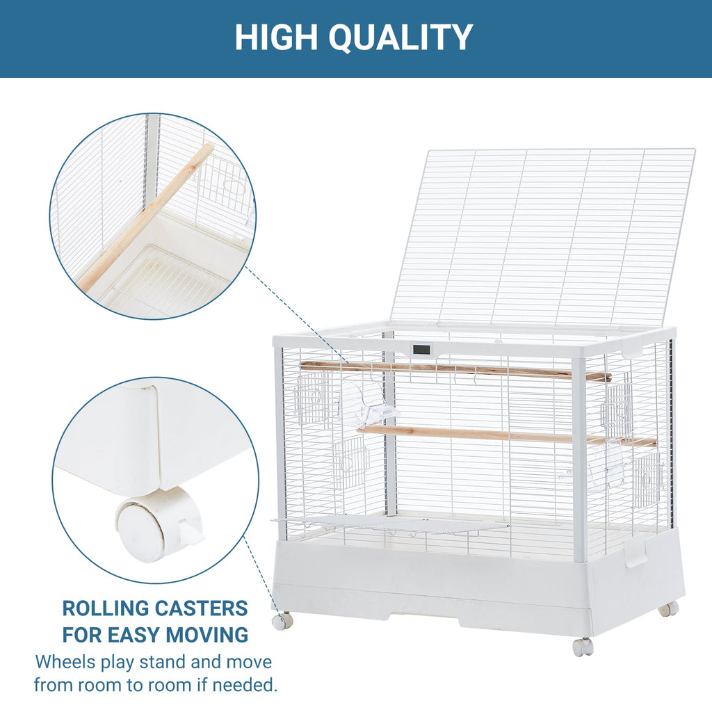 Garvee Bird Cage, Metal Cage Standing Birdcage with Play Top, Monitor and Light System, Flight Cage with Side-Out Tray for Parrots Cockatiels Conures Parakeets Lovebirds Budgie Finch, White