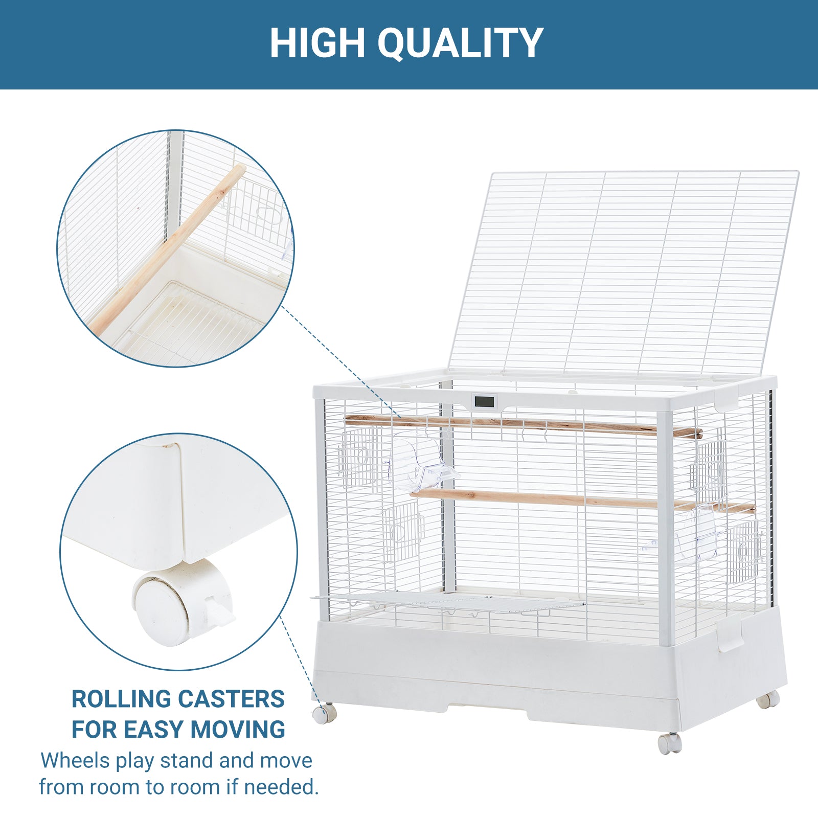 Garvee Bird Cage, Metal Cage Standing Birdcage with Play Top, Monitor and Light System, Flight Cage with Side-Out Tray for Parrots Cockatiels Conures Parakeets Lovebirds Budgie Finch, White