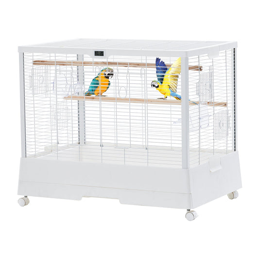 Garvee Bird Cage, Metal Cage Standing Birdcage with Play Top, Monitor and Light System, Flight Cage with Side-Out Tray for Parrots Cockatiels Conures Parakeets Lovebirds Budgie Finch, White