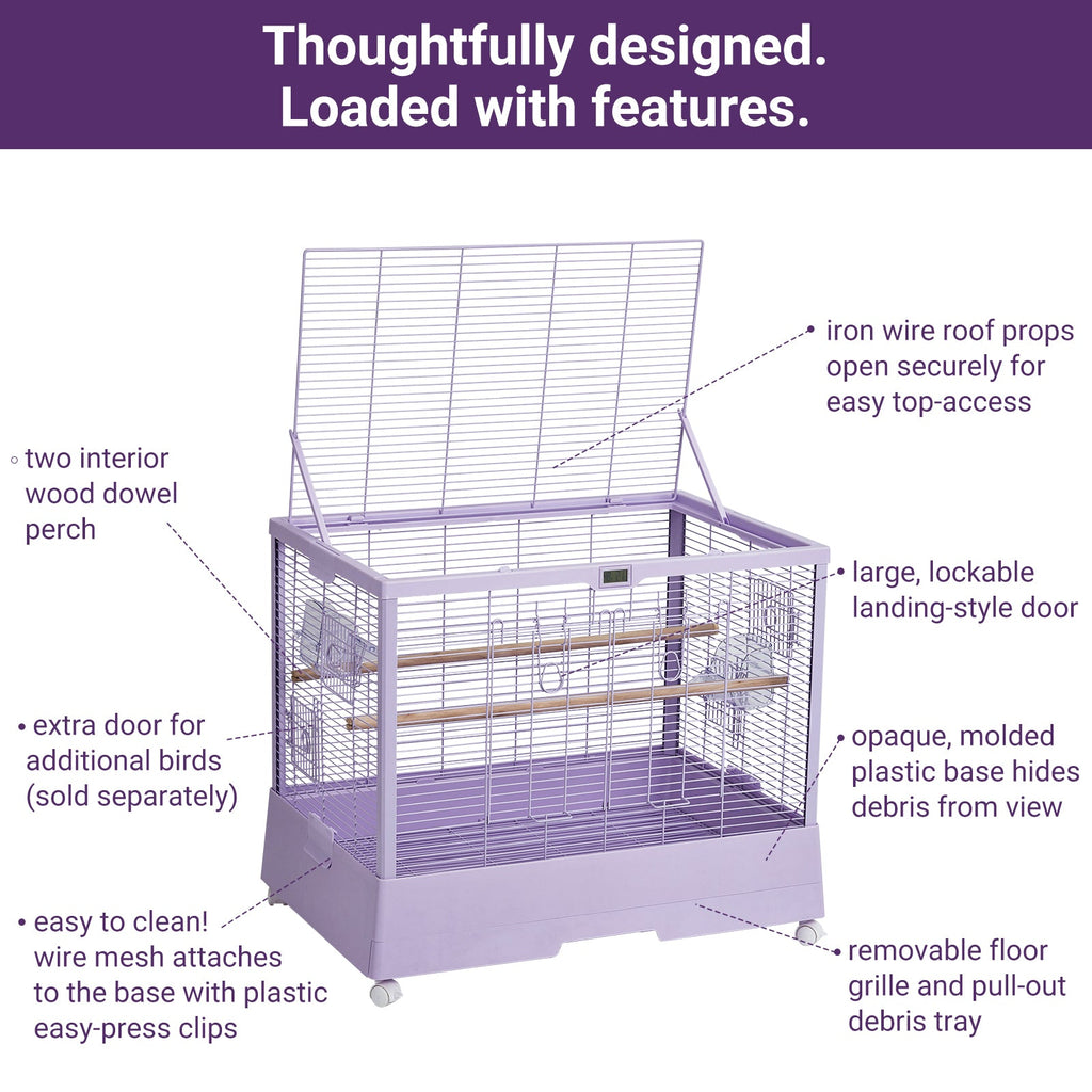Garvee Bird Cage, Metal Cage Standing Birdcage with Play Top, Monitor and Light System, Flight Cage with Side-Out Tray for Parrots Cockatiels Conures Parakeets Lovebirds Budgie Finch, Purple