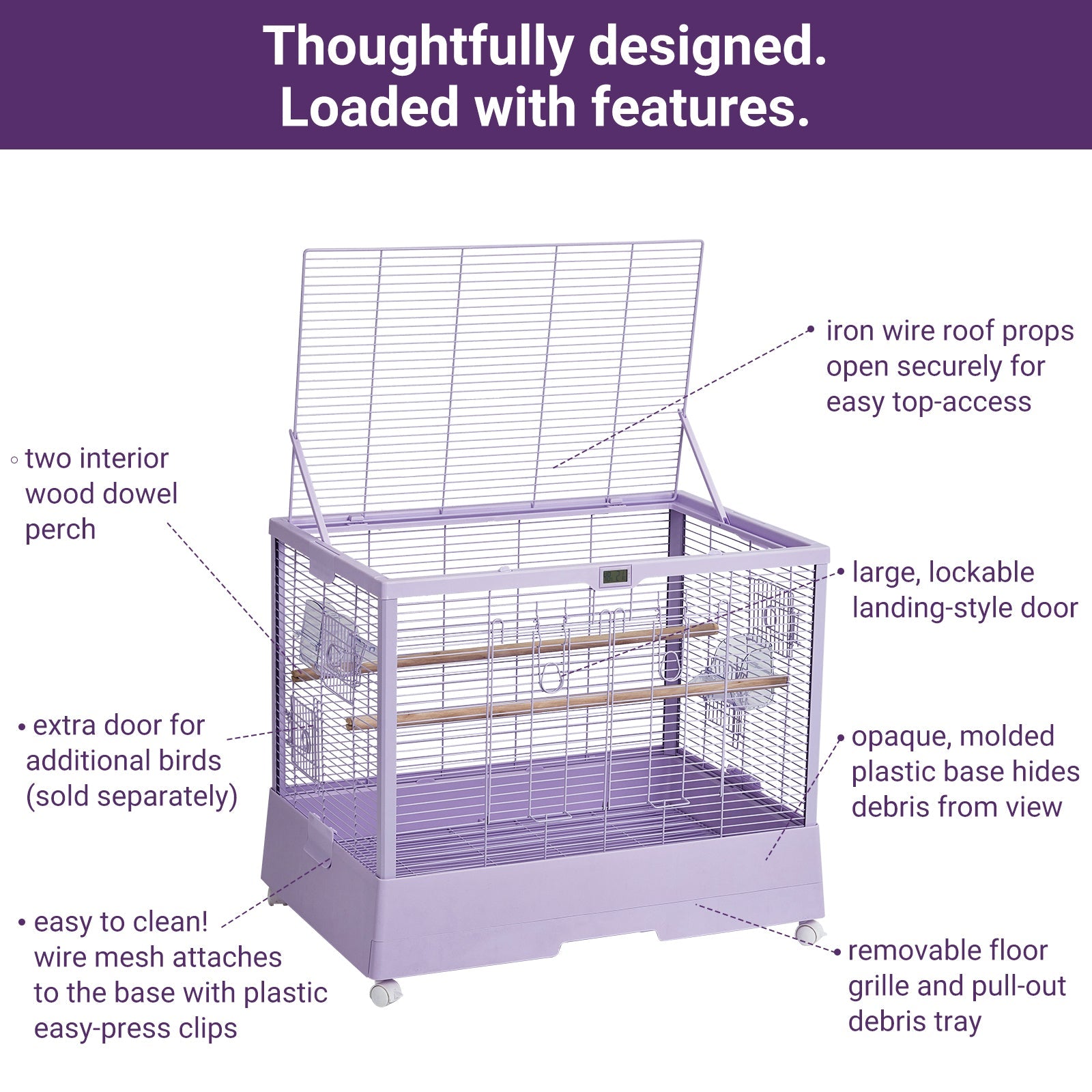 Garvee Bird Cage, Metal Cage Standing Birdcage with Play Top, Monitor and Light System, Flight Cage with Side-Out Tray for Parrots Cockatiels Conures Parakeets Lovebirds Budgie Finch, Purple