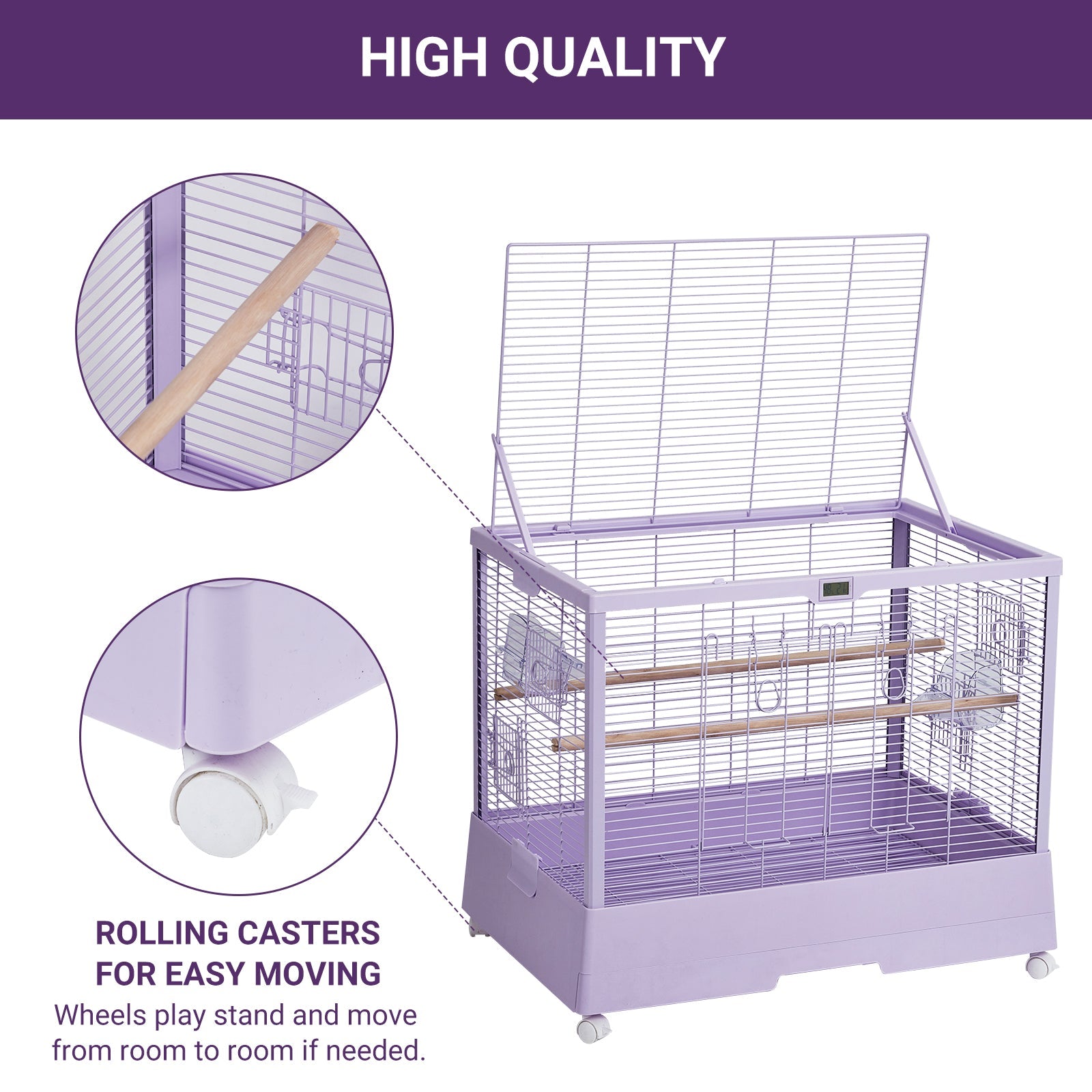 Garvee Bird Cage, Metal Cage Standing Birdcage with Play Top, Monitor and Light System, Flight Cage with Side-Out Tray for Parrots Cockatiels Conures Parakeets Lovebirds Budgie Finch, Purple