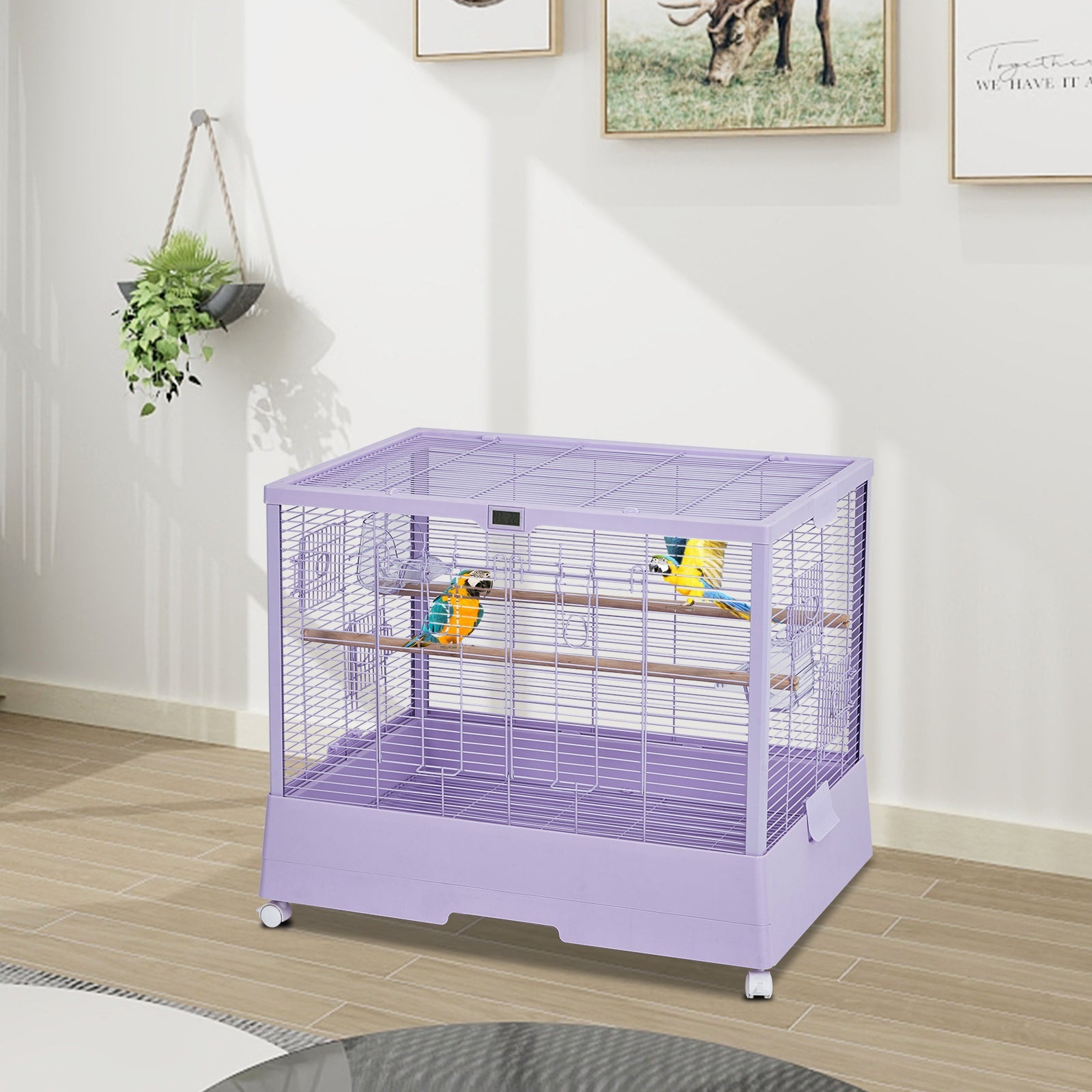 Garvee Bird Cage, Metal Cage Standing Birdcage with Play Top, Monitor and Light System, Flight Cage with Side-Out Tray for Parrots Cockatiels Conures Parakeets Lovebirds Budgie Finch, Purple