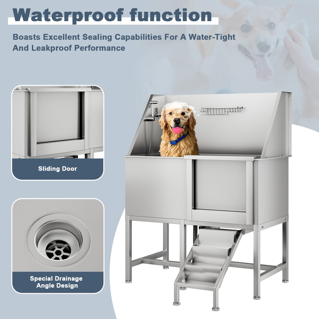 Garvee 50" Pet Dog Bathing Station, Stainless Steel Dog Bathtub W/Ramp, Floor Grate, Dog Bath Brush, Washing Gloves for Home, Professional Dog Washing Station for Pets, Right Door