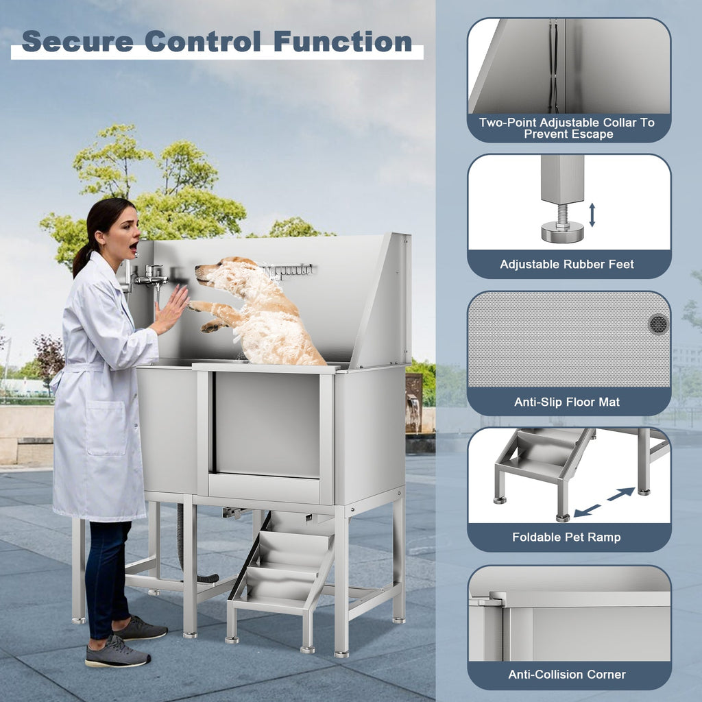 Garvee 50" Pet Dog Bathing Station, Stainless Steel Dog Bathtub W/Ramp, Floor Grate, Dog Bath Brush, Washing Gloves for Home, Professional Dog Washing Station for Pets, Right Door