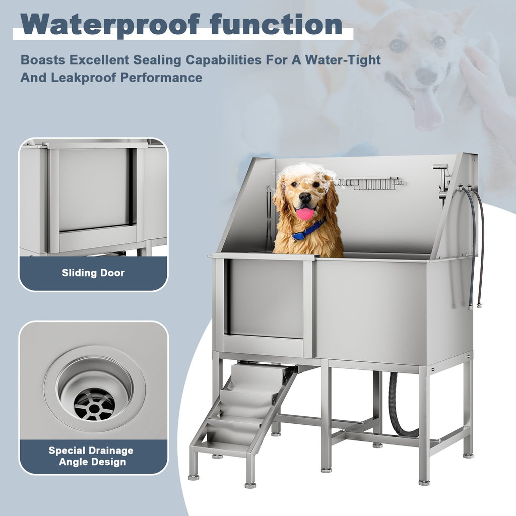 Garvee 50" Pet Dog Bathing Station, Stainless Steel Dog Bathtub W/Ramp, Floor Grate, Dog Bath Brush, Washing Gloves for Home, Professional Dog Washing Station for Pets, Left Door