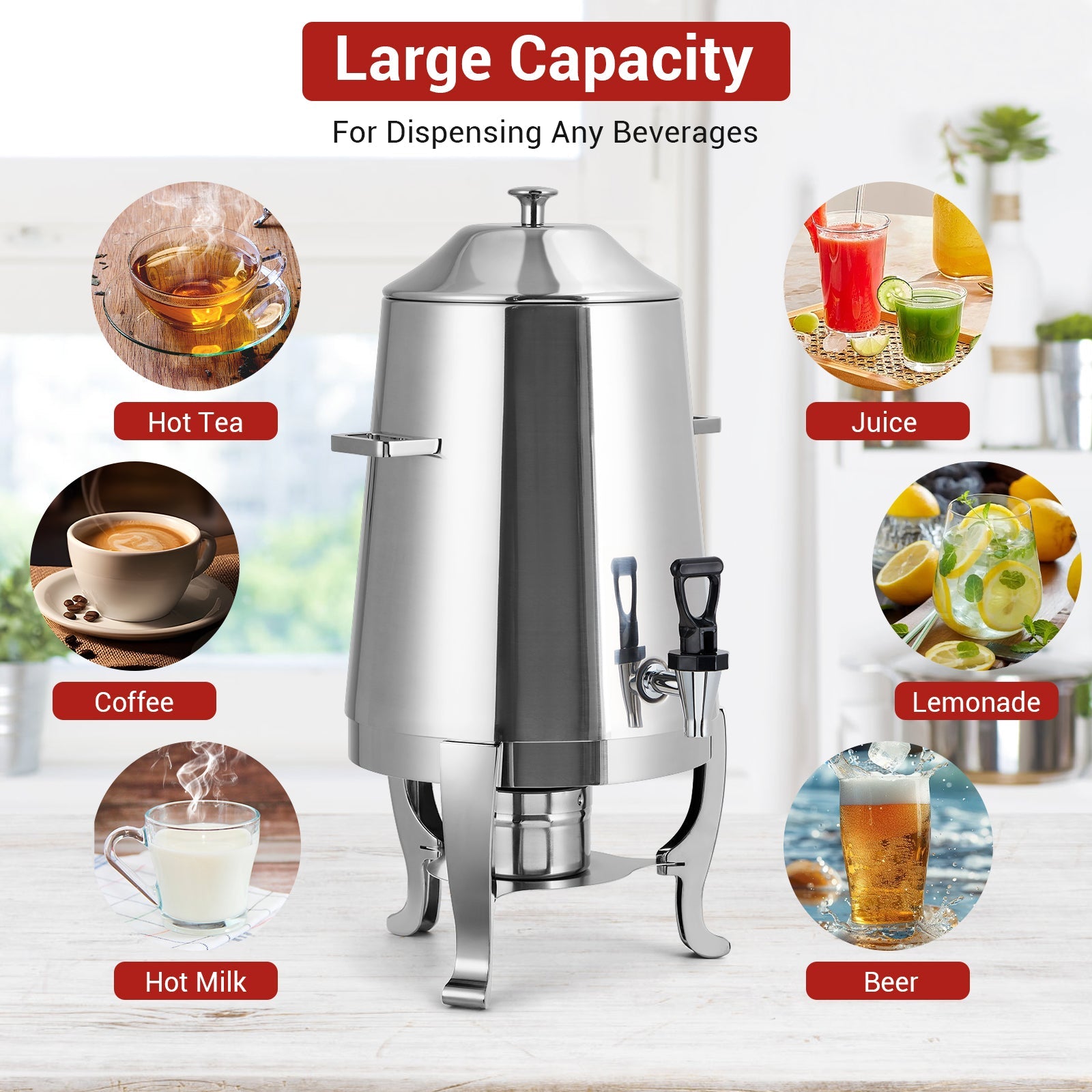 Garvee 3.5 Gal Coffee Urn, 13 L Stainless Steel Beverage Dispenser, Hot Drinks Dispenser with Fuel Tray, Heating Coffee Cocoa Milk Dispenser for Parties, Hotels, Buffets, Sliver