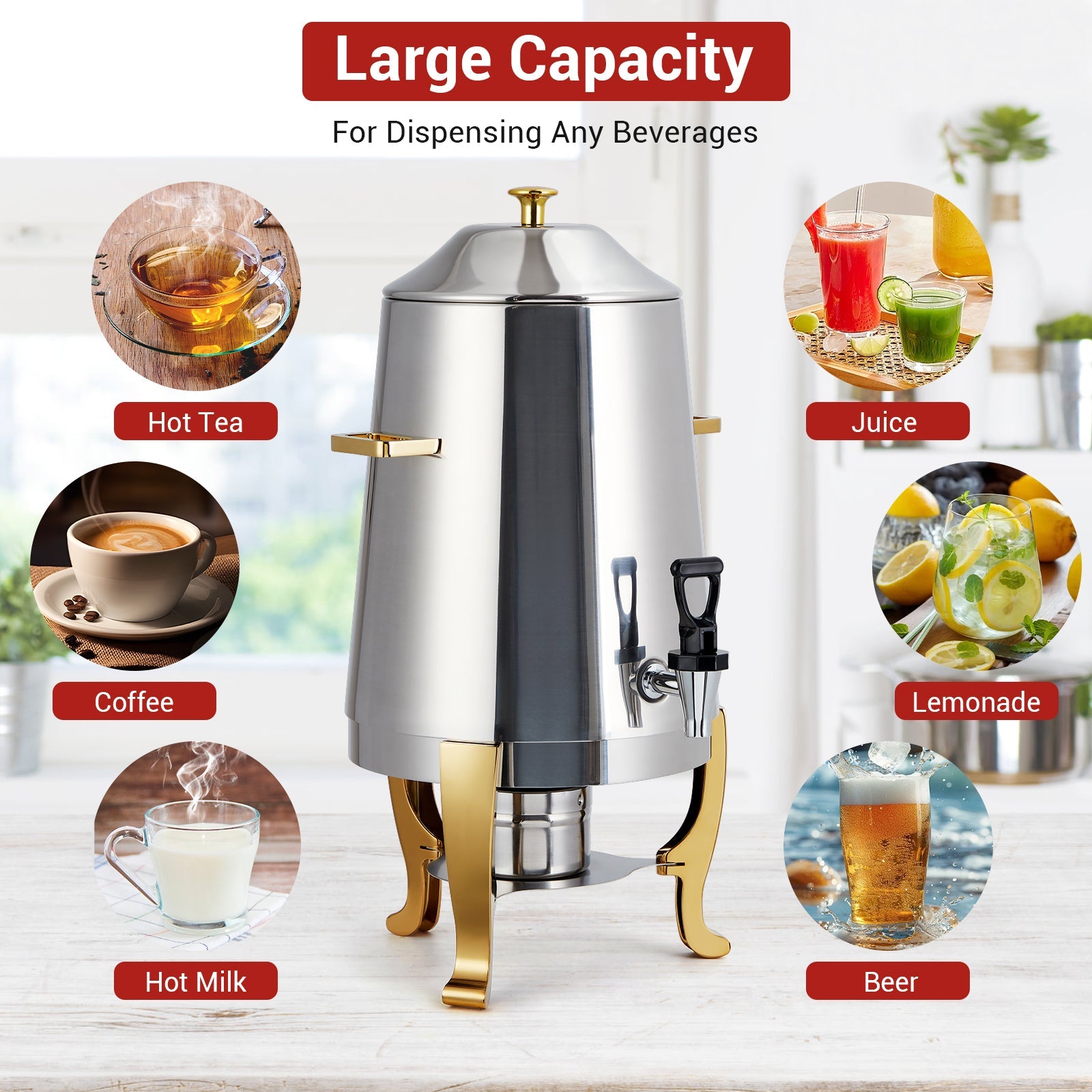 Garvee 3.5 Gal Coffee Urn, 13 L Stainless Steel Beverage Dispenser, Hot Drinks Dispenser with Fuel Tray, Heating Coffee Cocoa Milk Dispenser for Parties, Hotels, Buffets, Gold