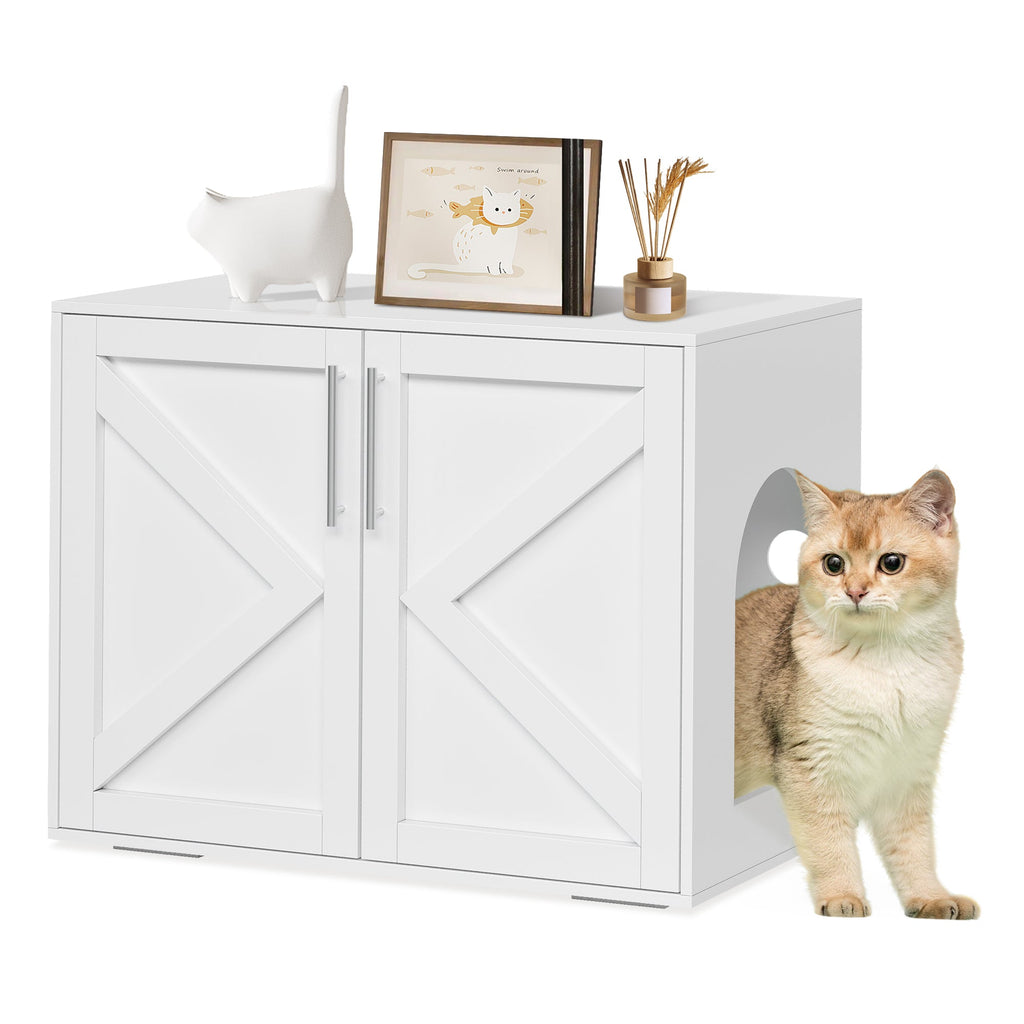 Garvee Cat Litter Box Enclosure, Wooden Litter Box Furniture Hidden, Modern Cat Washroom Furniture with Barn Door, Indoor Cat House, End Table, Fit Most of Litter Box, White