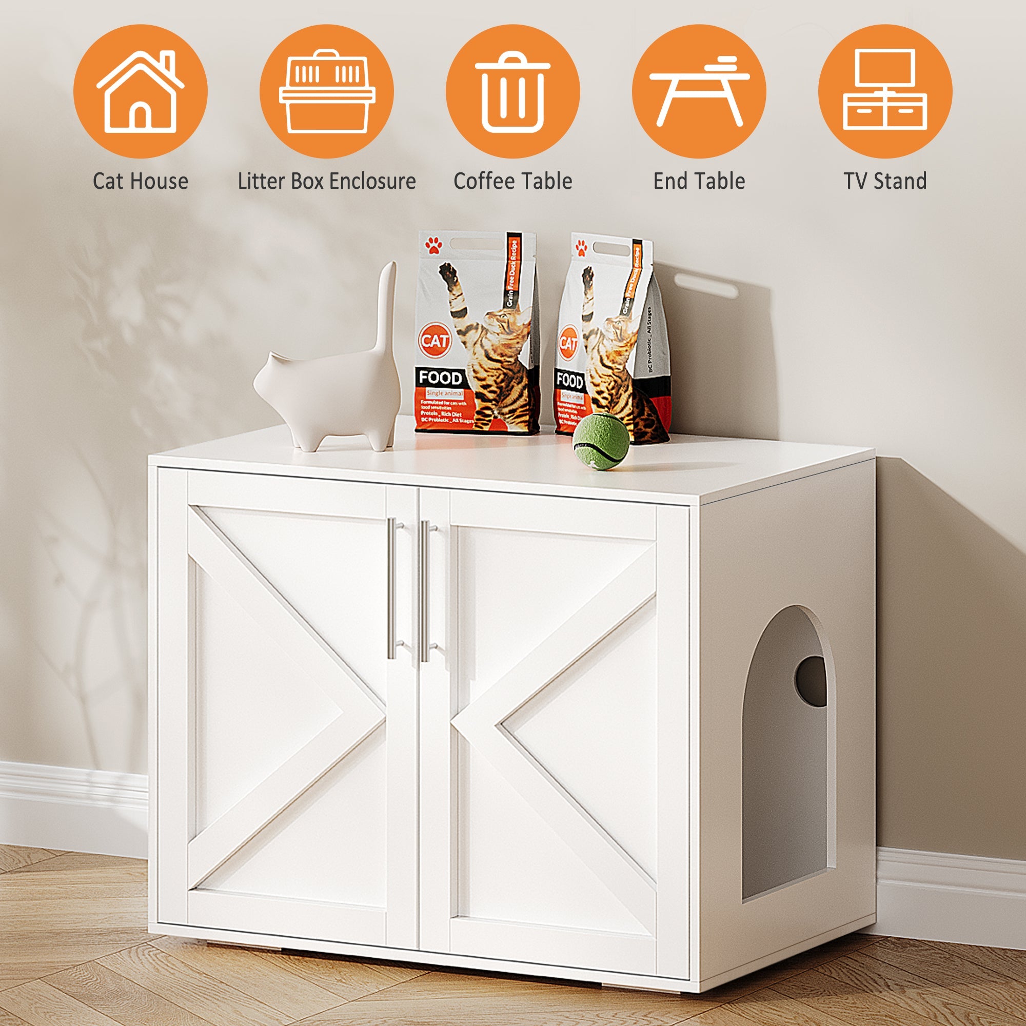 Garvee Cat Litter Box Enclosure, Wooden Litter Box Furniture Hidden, Modern Cat Washroom Furniture with Barn Door, Indoor Cat House, End Table, Fit Most of Litter Box, White