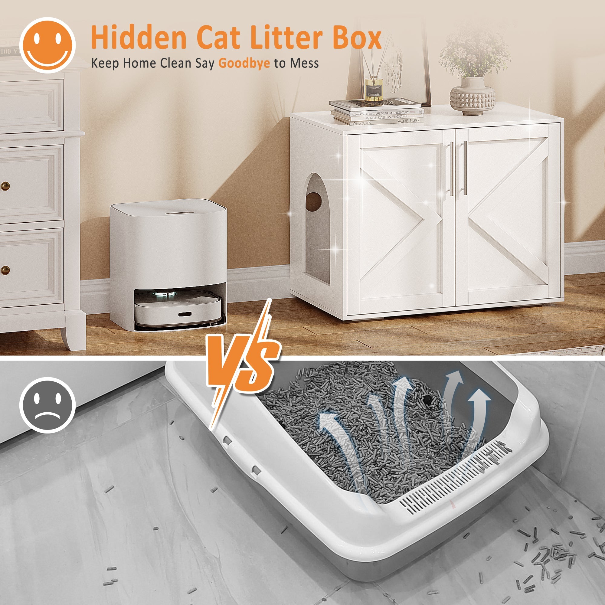 Garvee Cat Litter Box Enclosure, Wooden Litter Box Furniture Hidden, Modern Cat Washroom Furniture with Barn Door, Indoor Cat House, End Table, Fit Most of Litter Box, White