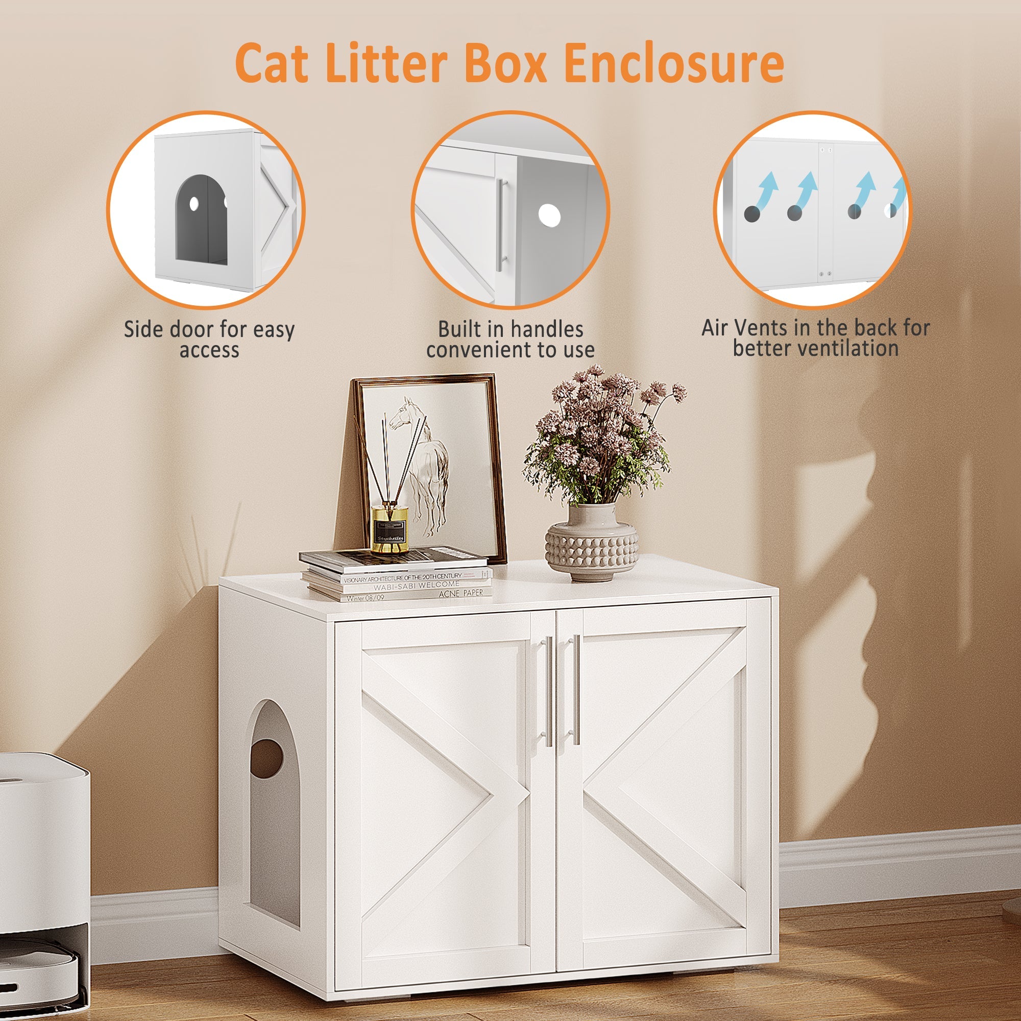 Garvee Cat Litter Box Enclosure, Wooden Litter Box Furniture Hidden, Modern Cat Washroom Furniture with Barn Door, Indoor Cat House, End Table, Fit Most of Litter Box, White